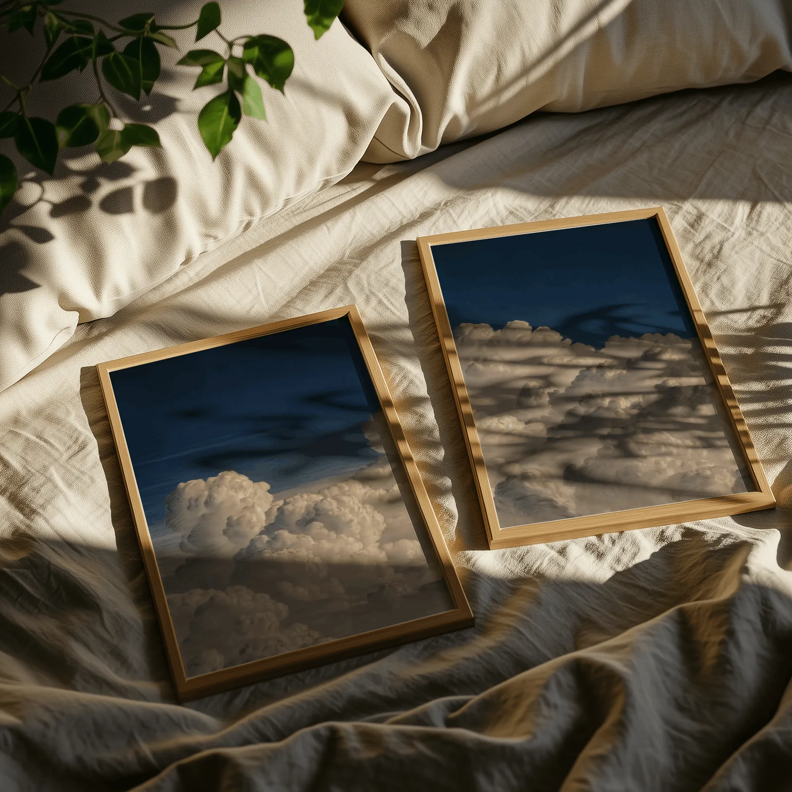blue sky cloud landscape wall art set of two, resting on rumpled linen sheets with dappled leaf shadows