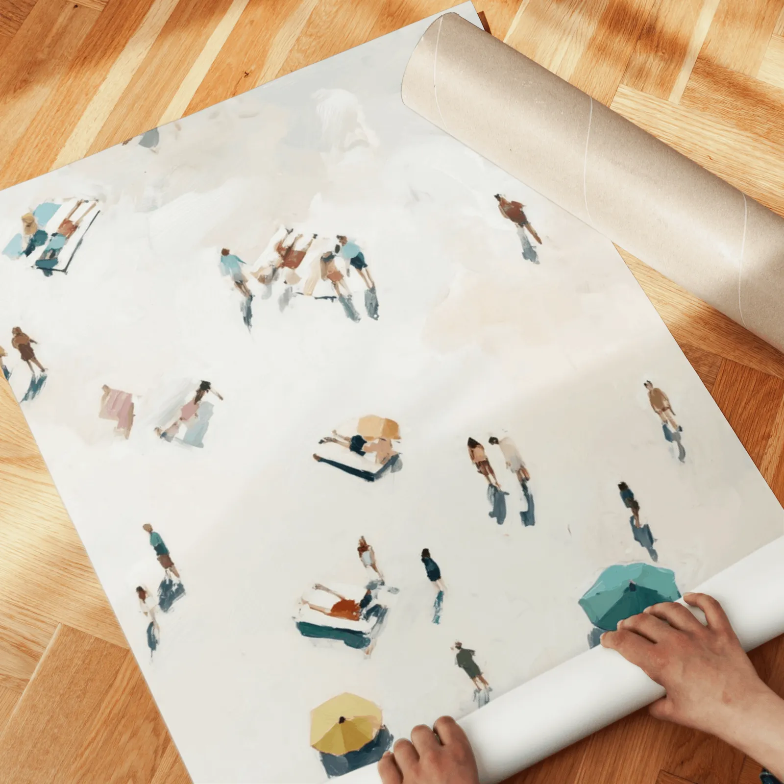 beach wall art set of 2 aerial coastal scene, unrolled across a herringbone parquet floor by hand