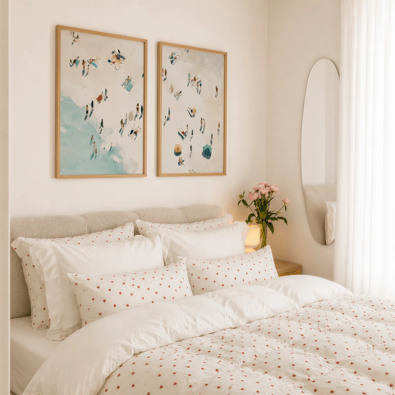 beach wall art set of 2 aerial coastal scene, above a tufted headboard piled with heart-print pillows