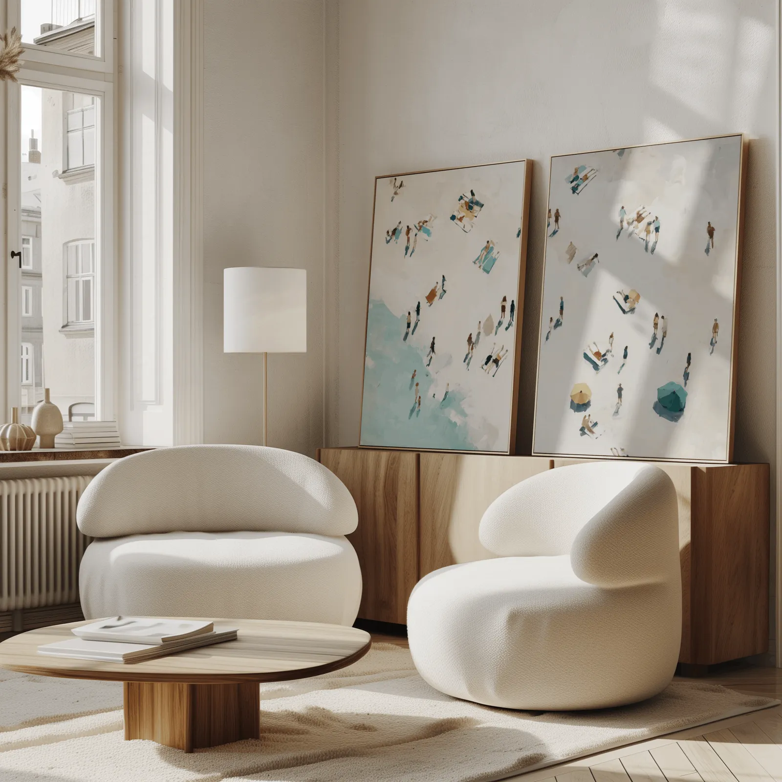 beach wall art set of 2 aerial coastal scene, propped against a wooden sideboard beside boucle armchairs