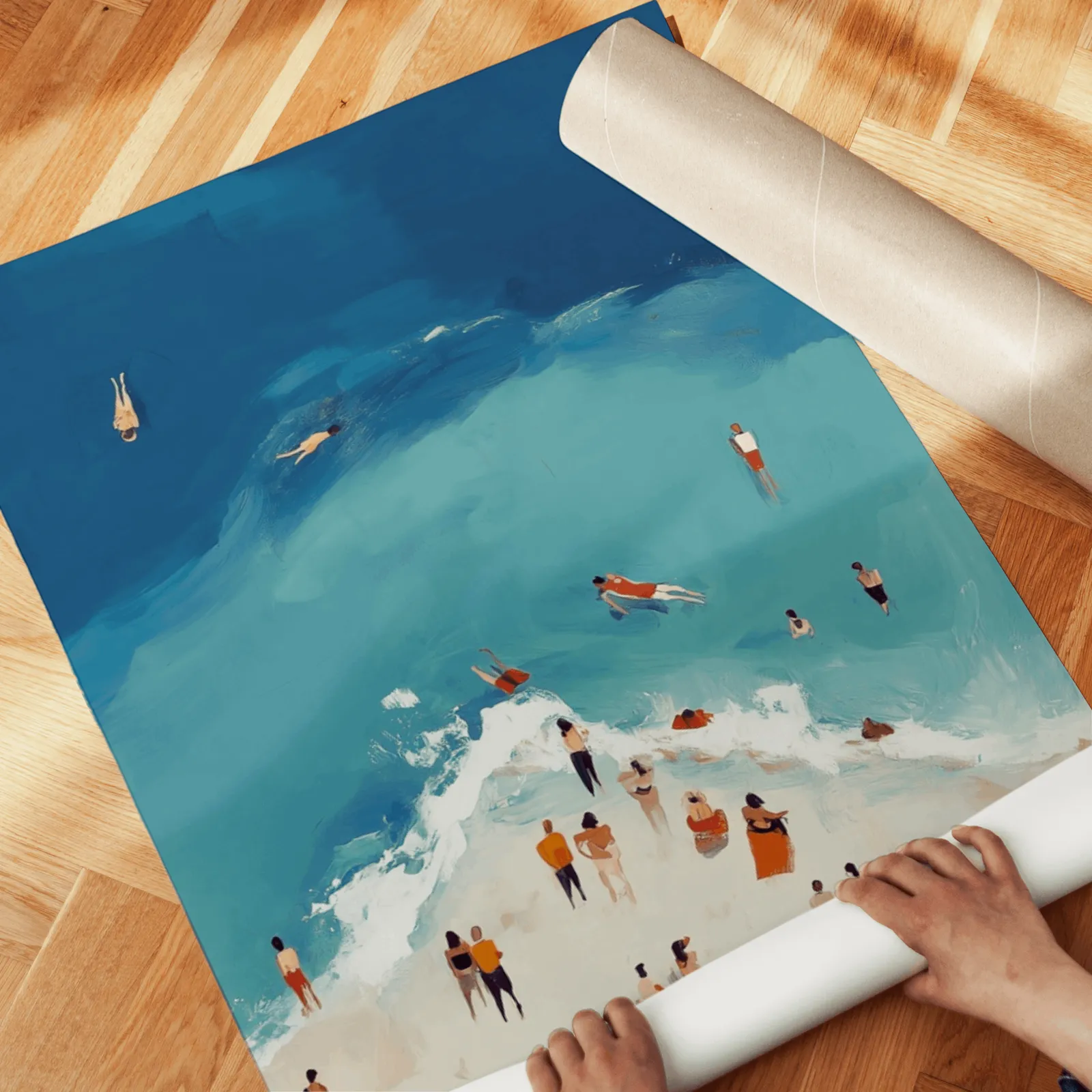blue coastal beach wall art set of two aerial swimmers, unrolled across a herringbone parquet floor by hand