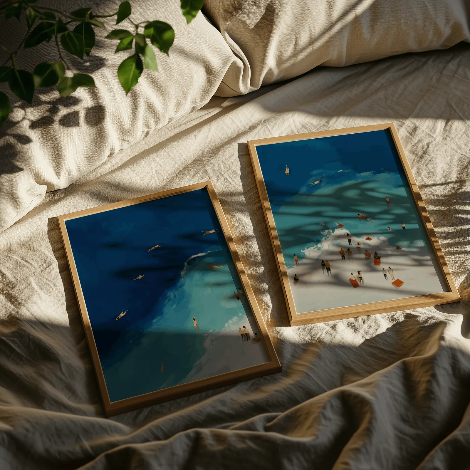 blue coastal beach wall art set of two aerial swimmers, resting on rumpled linen sheets with dappled leaf shadows
