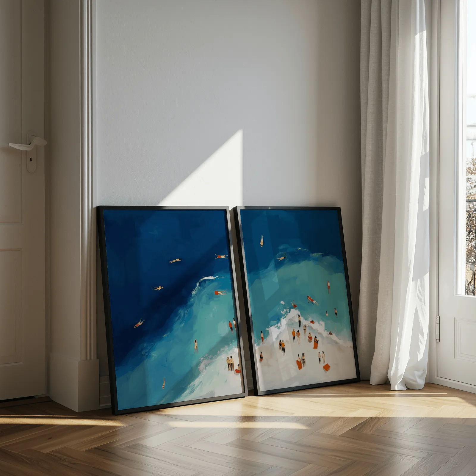blue coastal beach wall art set of two aerial swimmers, leaning against a sunlit wall by herringbone floor and sheer curtains