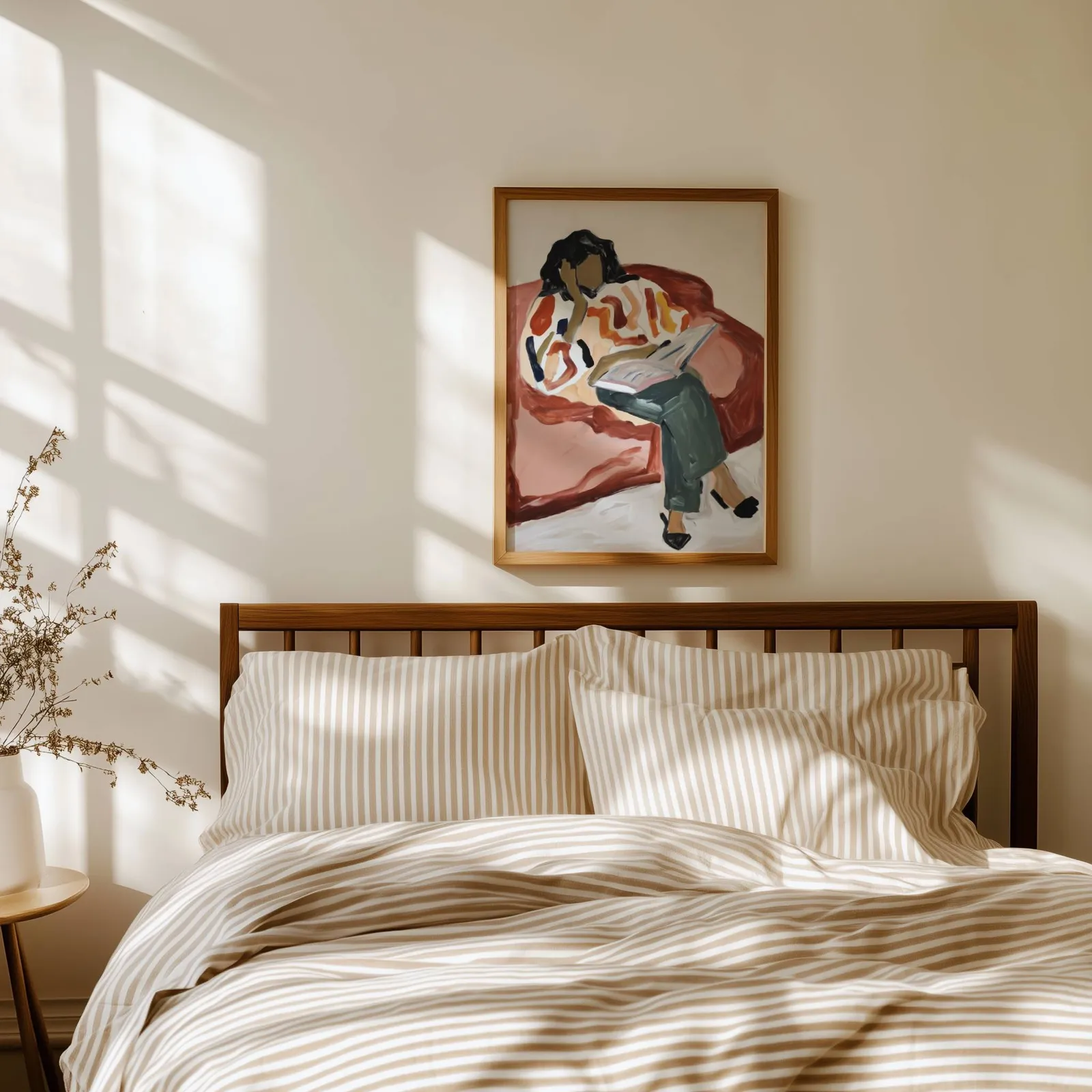 terracotta woman reading wall art, above a spindle headboard with striped linen bedding