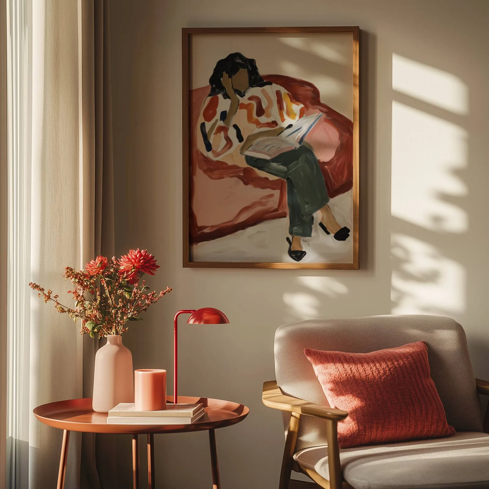 terracotta woman reading wall art, above a round side table with a red lamp and dahlias