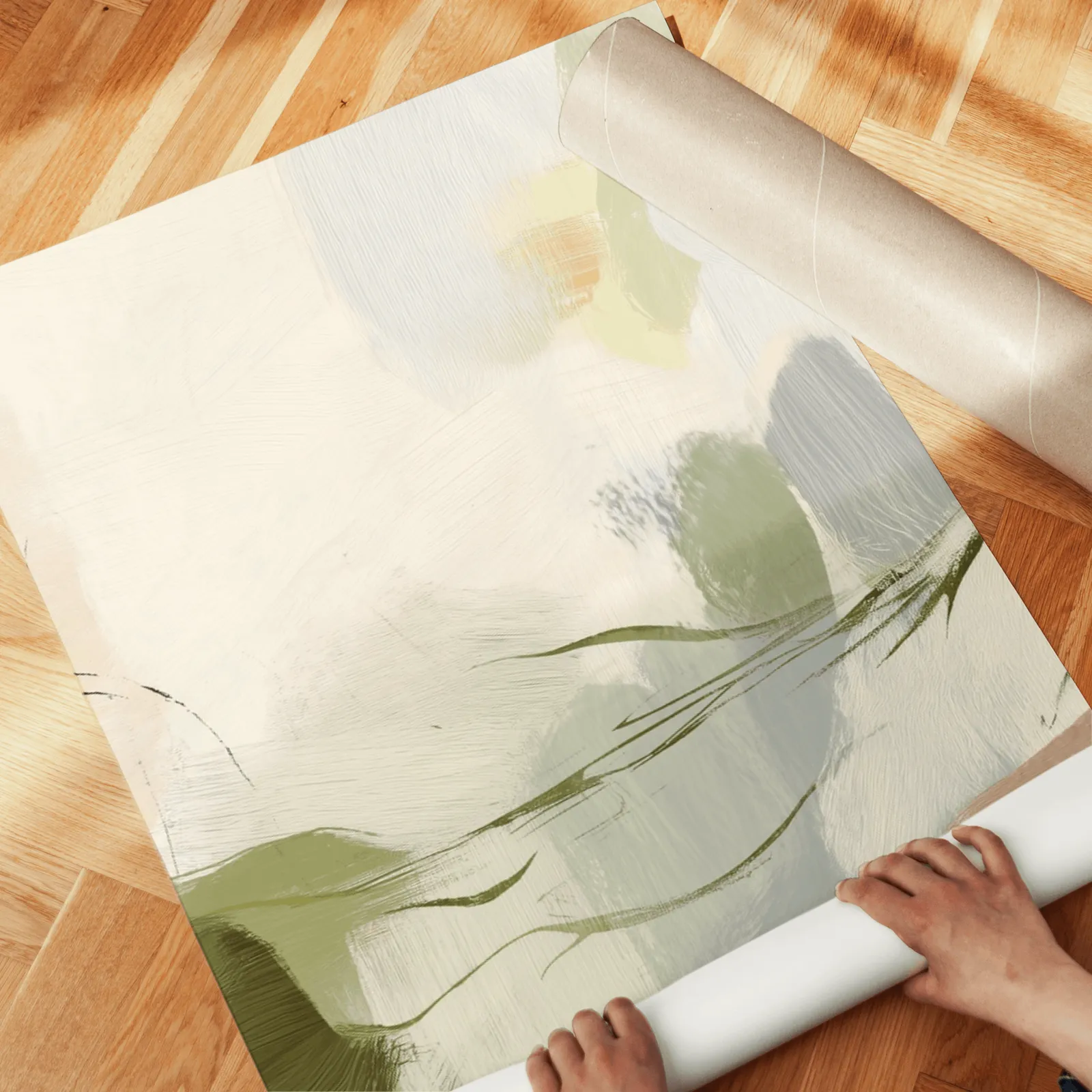 green and gold abstract triptych wall art, unrolled across a herringbone wood floor by hand