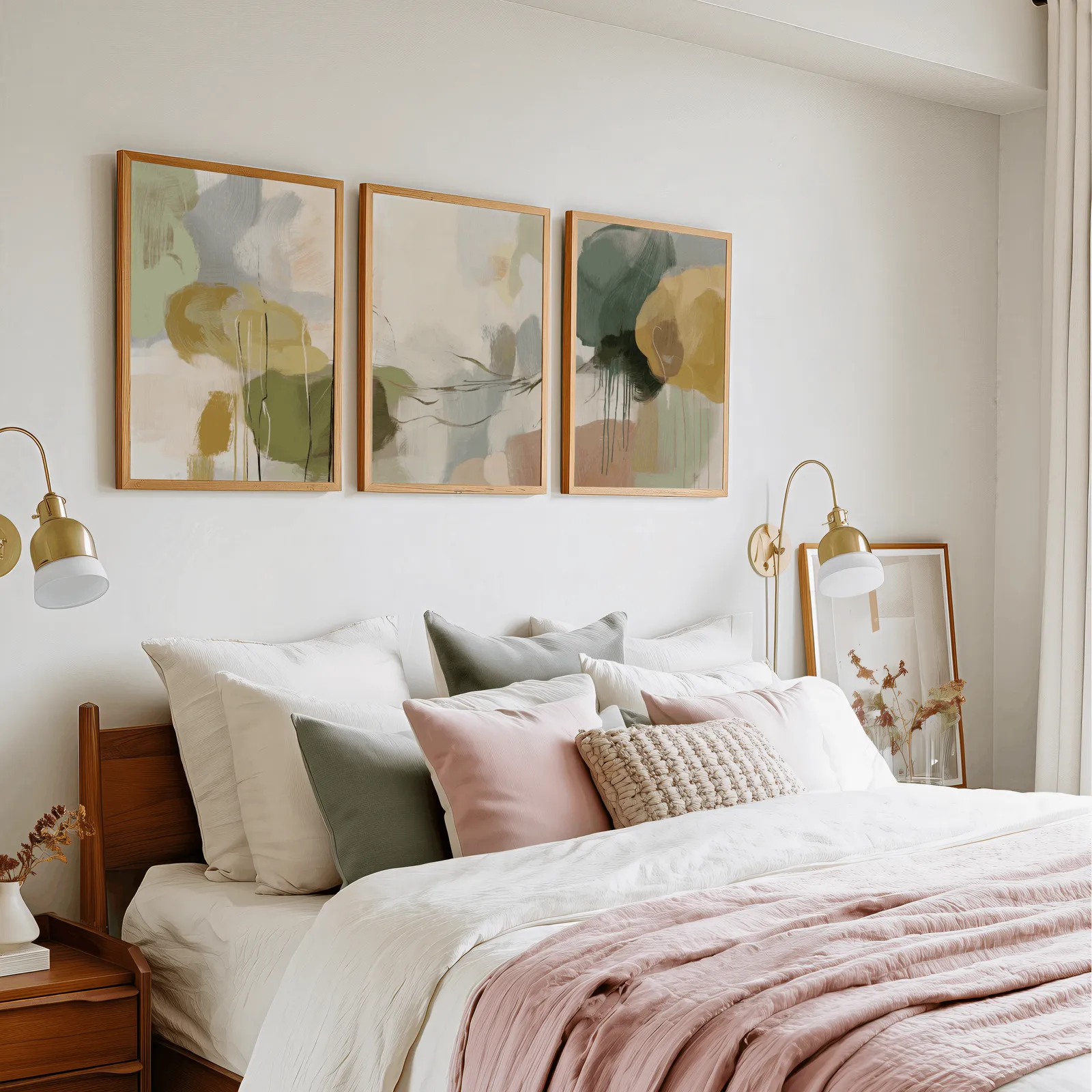 green and gold abstract triptych wall art, in a row above a pink and cream bed with brass sconces