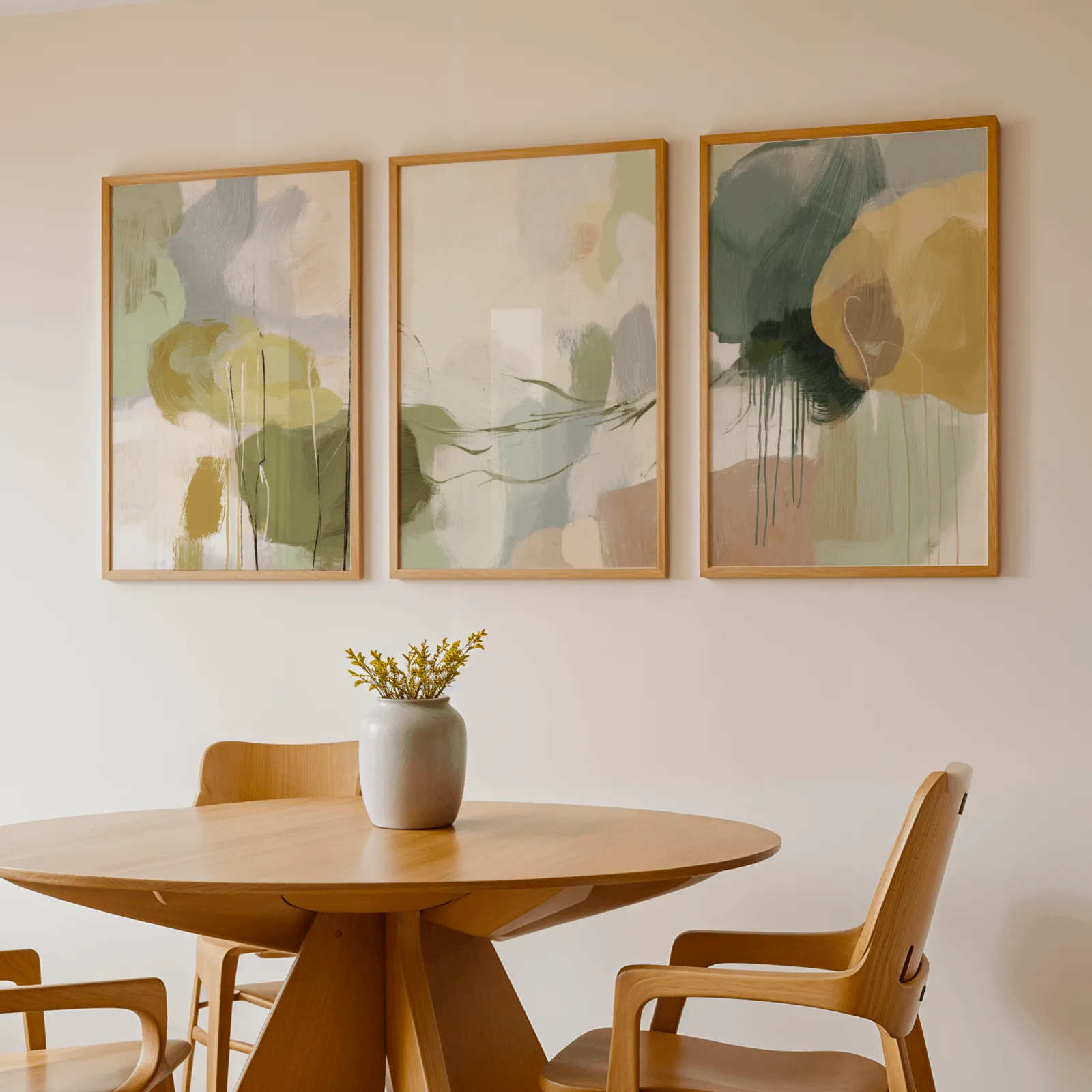 green and gold abstract triptych wall art, above a round wooden table with a stoneware vase