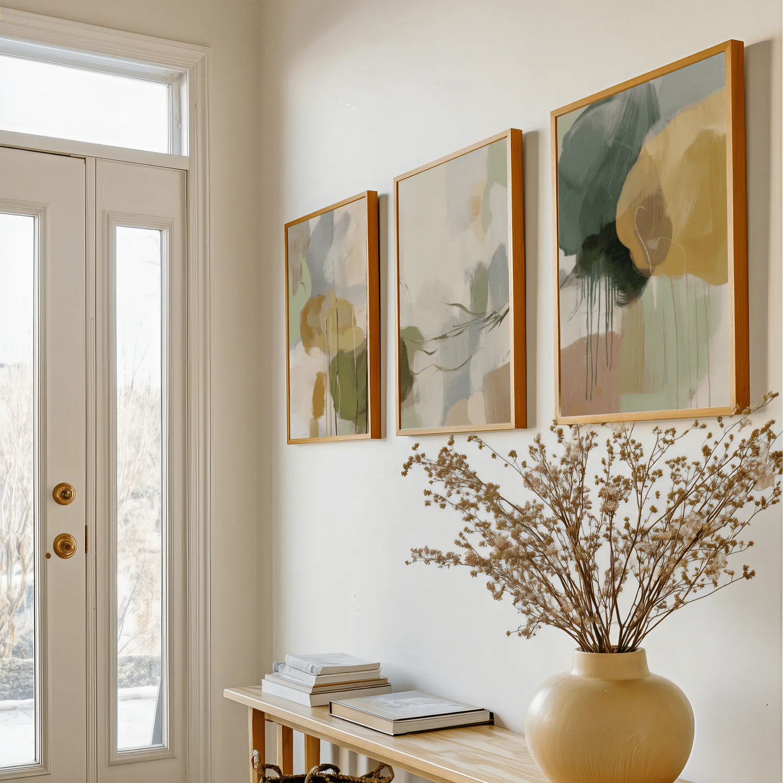 green and gold abstract triptych wall art, above a console table with a yellow vase of dried branches