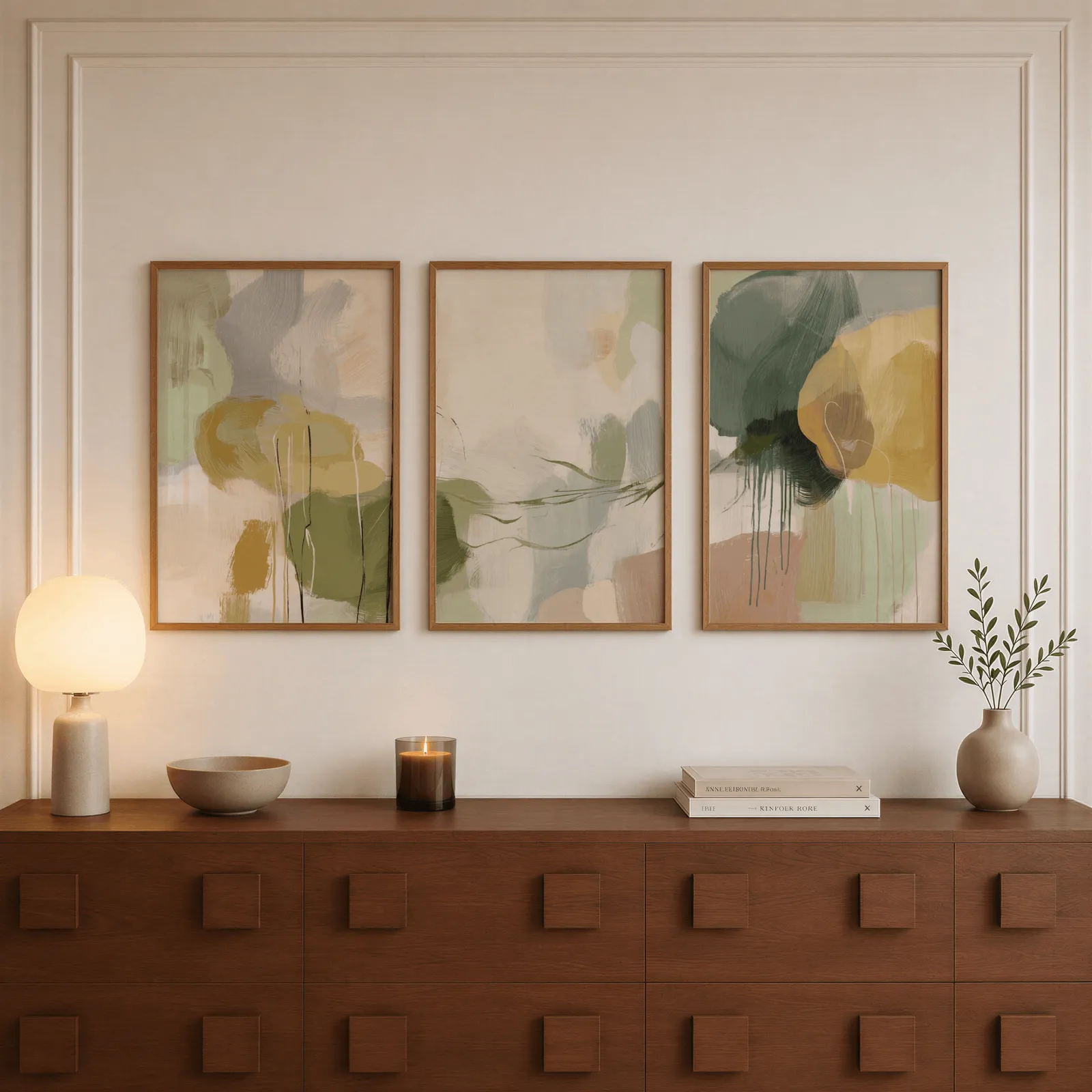 green and gold abstract triptych wall art, above a walnut sideboard with a lit candle and glowing lamp