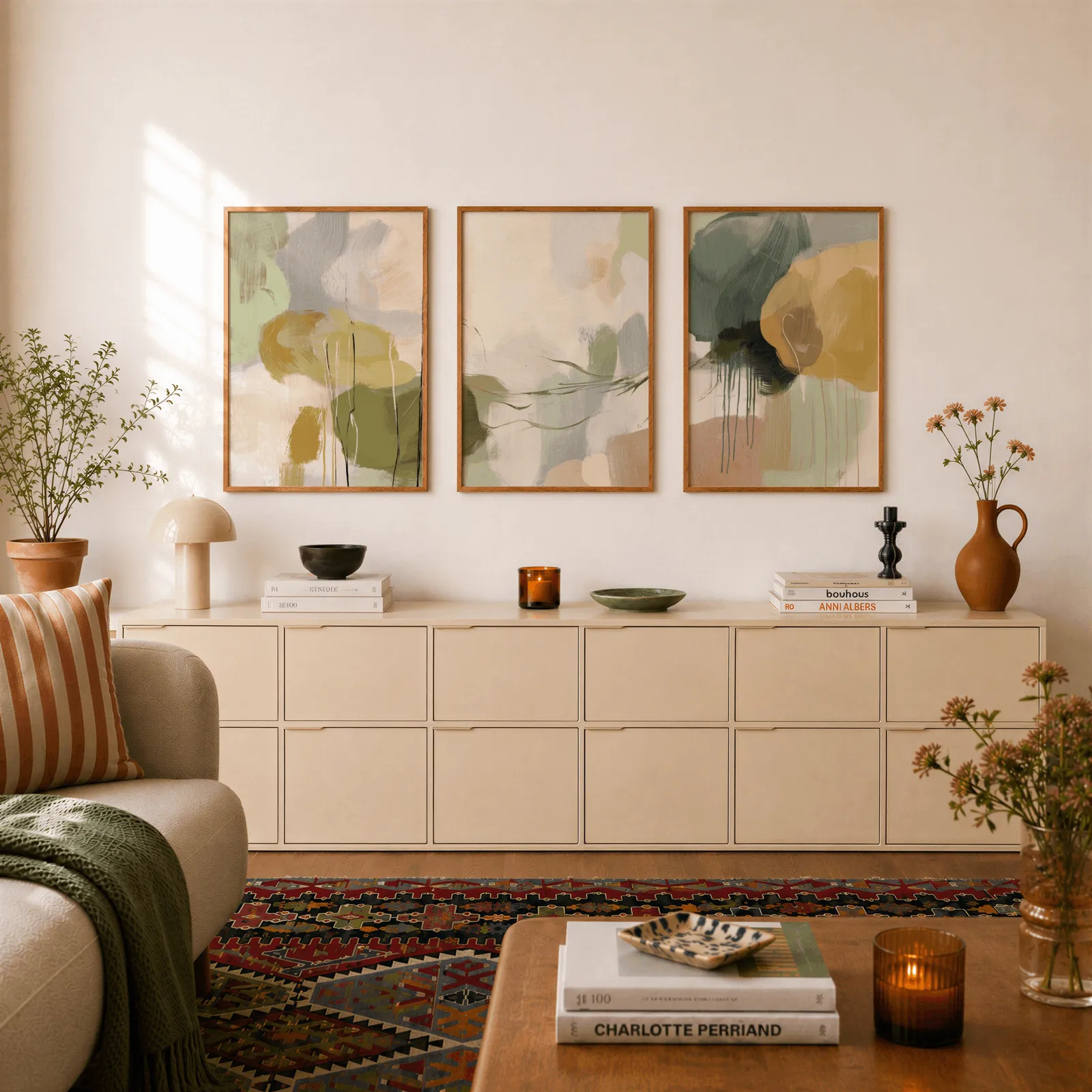 green and gold abstract triptych wall art, above a long cream sideboard topped with books and a terracotta jug