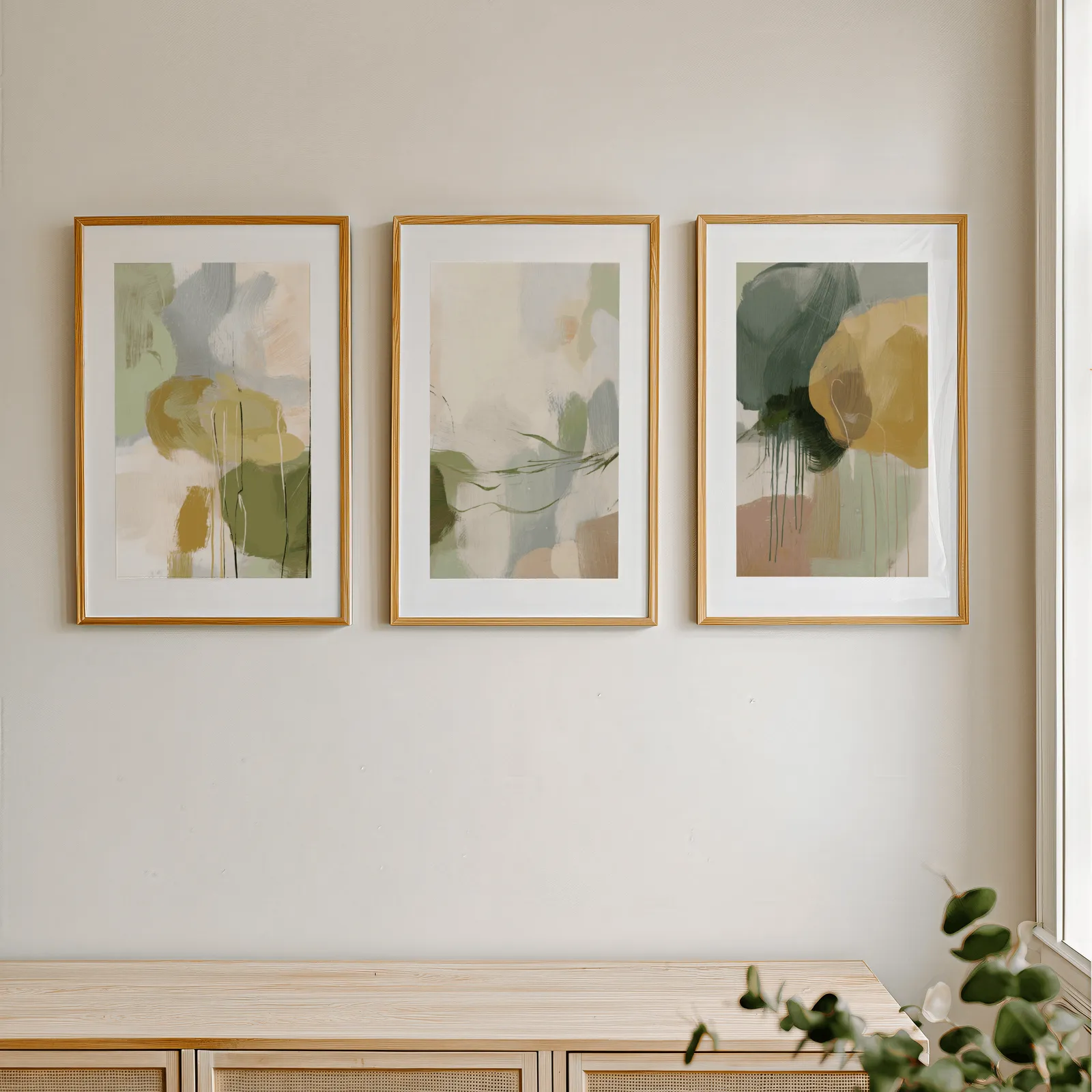green and gold abstract triptych wall art, in a row above a light wooden sideboard near a window