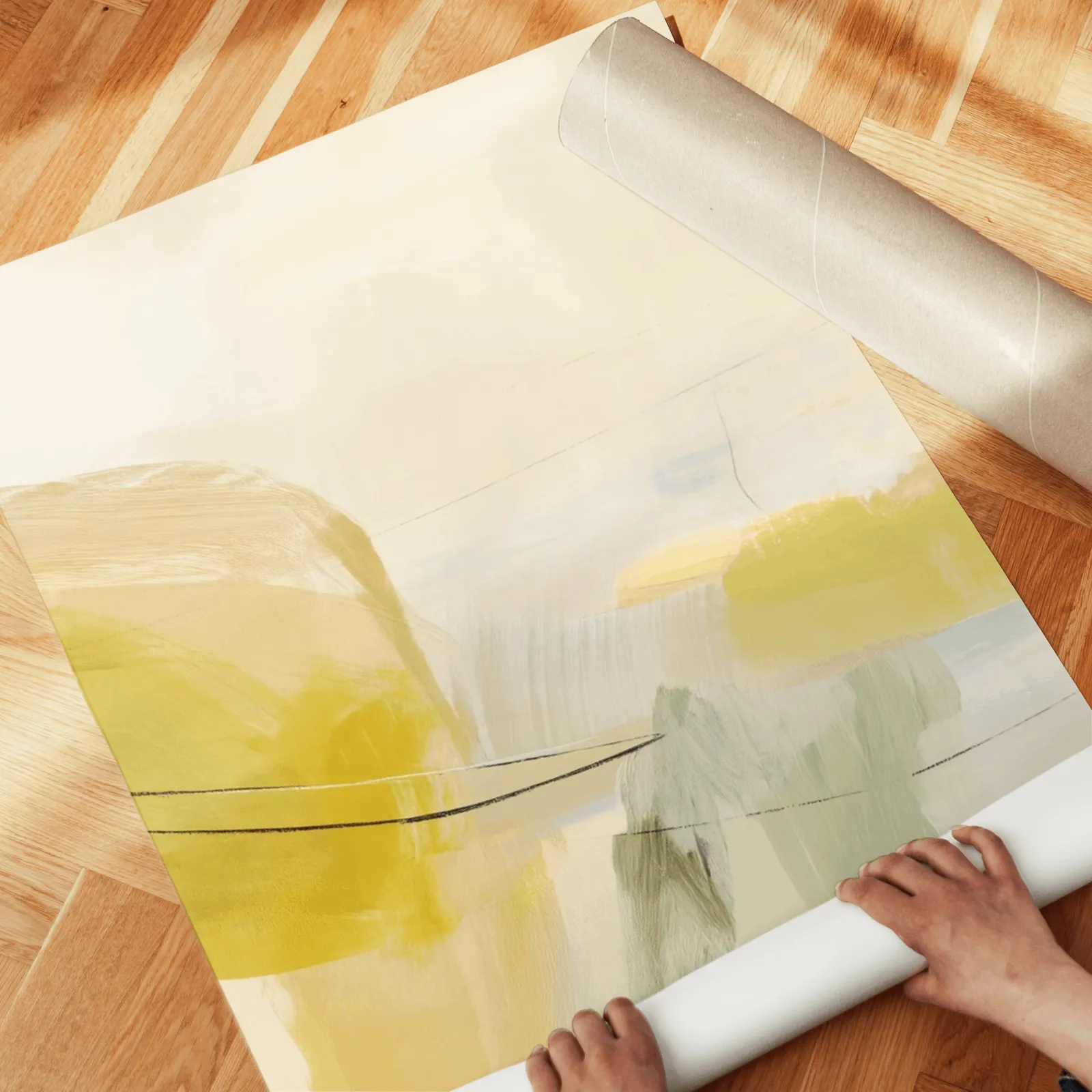 yellow and beige abstract wall art set of 3, unrolled across a herringbone wood floor by hand