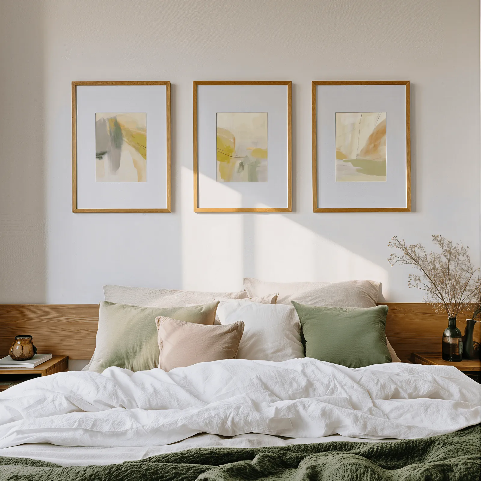 yellow and beige abstract wall art set of 3, above a wooden headboard scattered with sage and blush pillows