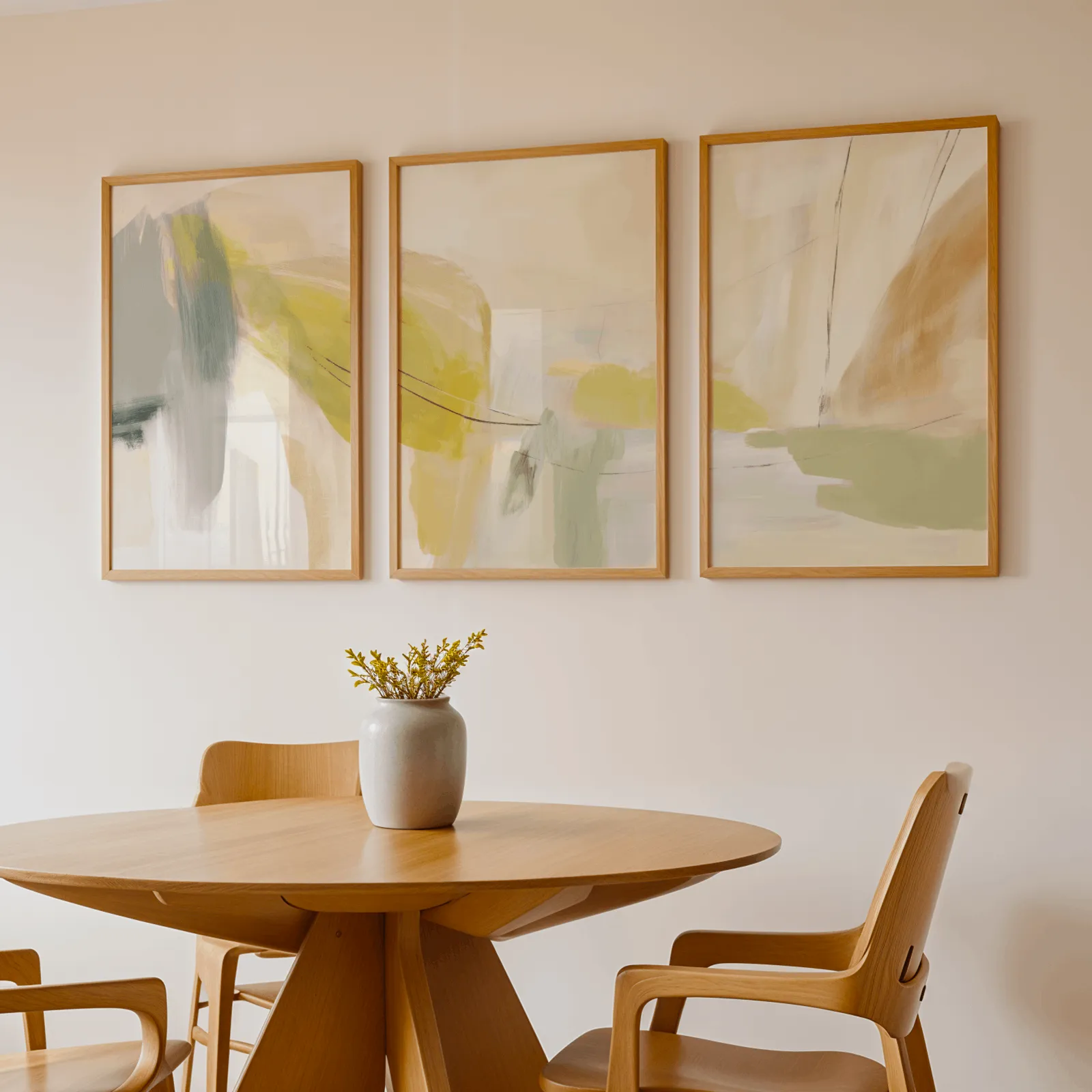 yellow and beige abstract wall art set of 3, above a round wooden table with a stoneware vase