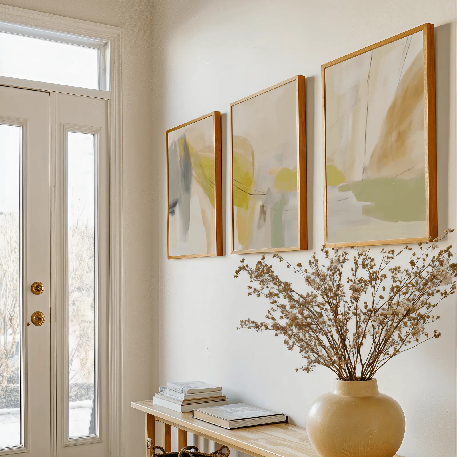 yellow and beige abstract wall art set of 3, above a console table with a yellow vase of dried branches