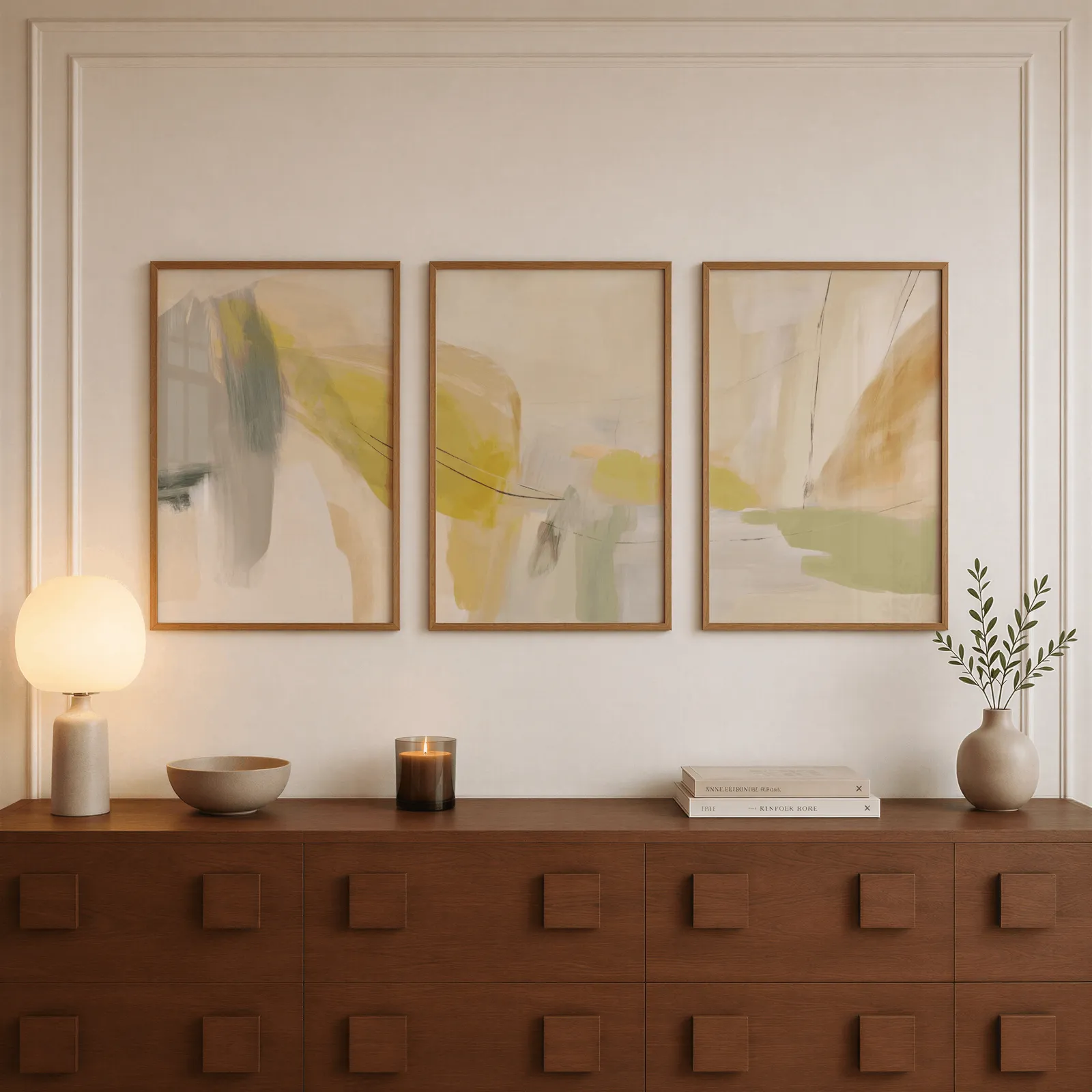 yellow and beige abstract wall art set of 3, above a walnut sideboard with a lit candle and glowing lamp