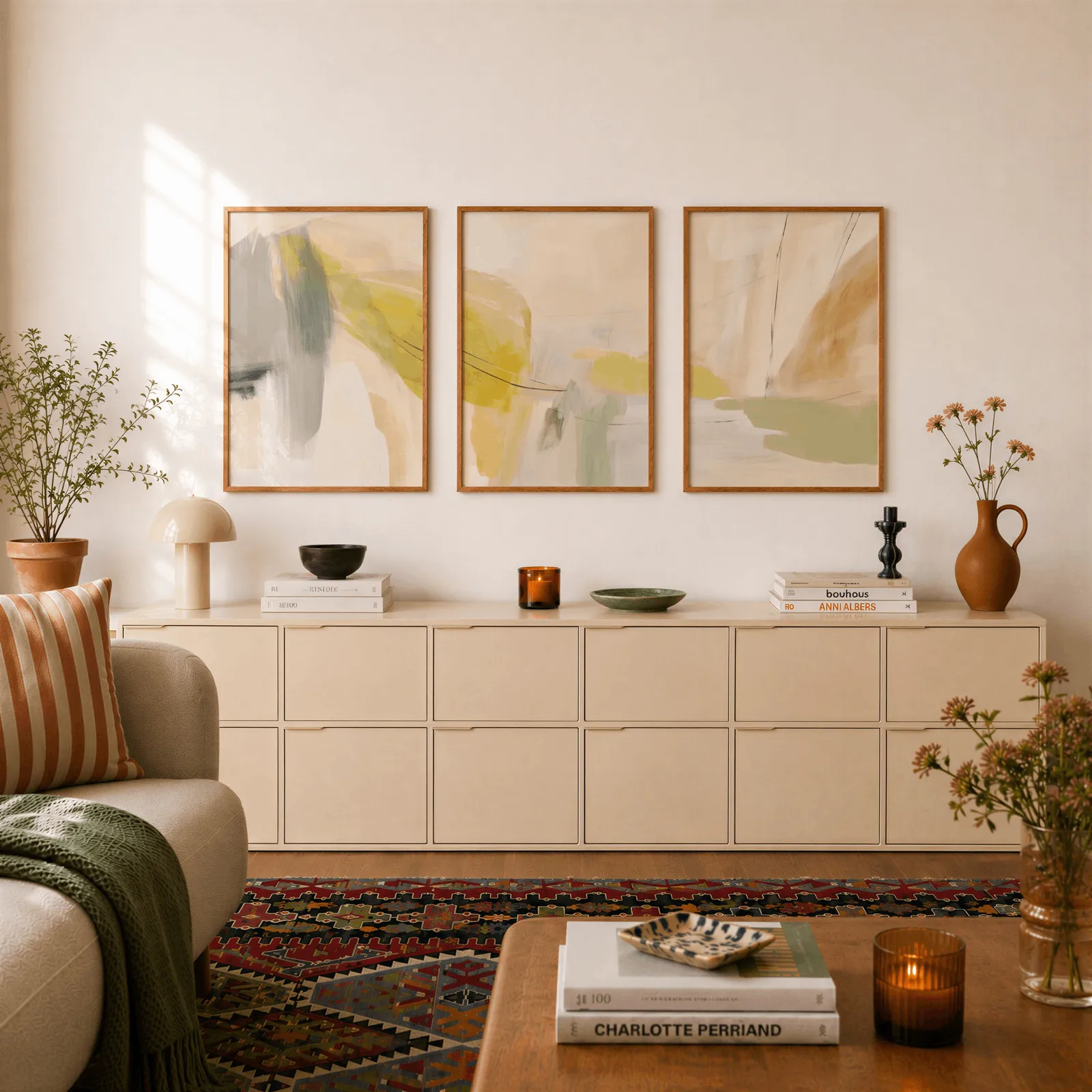 yellow and beige abstract wall art set of 3, above a long cream sideboard topped with books and a terracotta jug