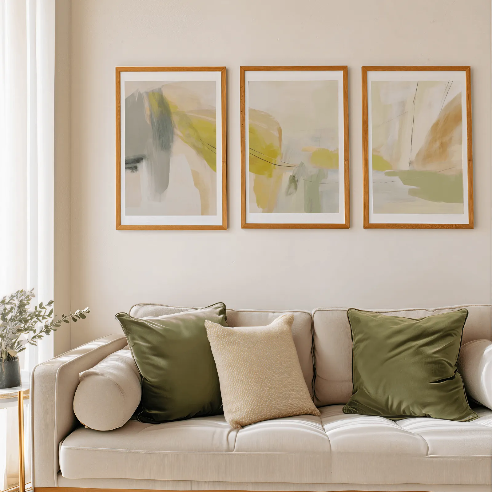 yellow and beige abstract wall art set of 3, above a beige sofa piled with olive green cushions