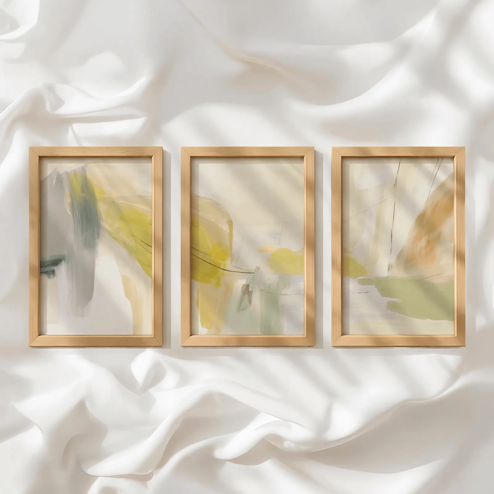 yellow and beige abstract wall art set of 3, in a row atop rumpled white silky fabric