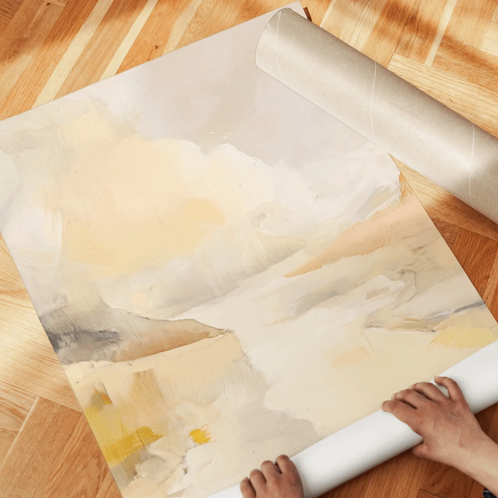 amber abstract landscape triptych wall art, unrolled across a herringbone wood floor by hand