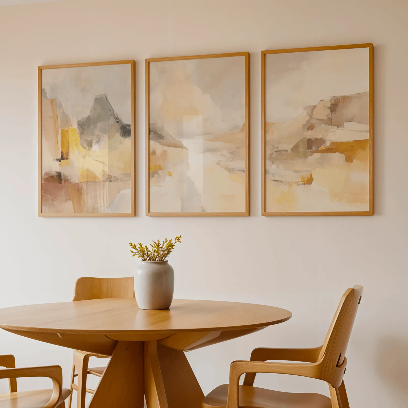 amber abstract landscape triptych wall art, above a round wooden table with a stoneware vase