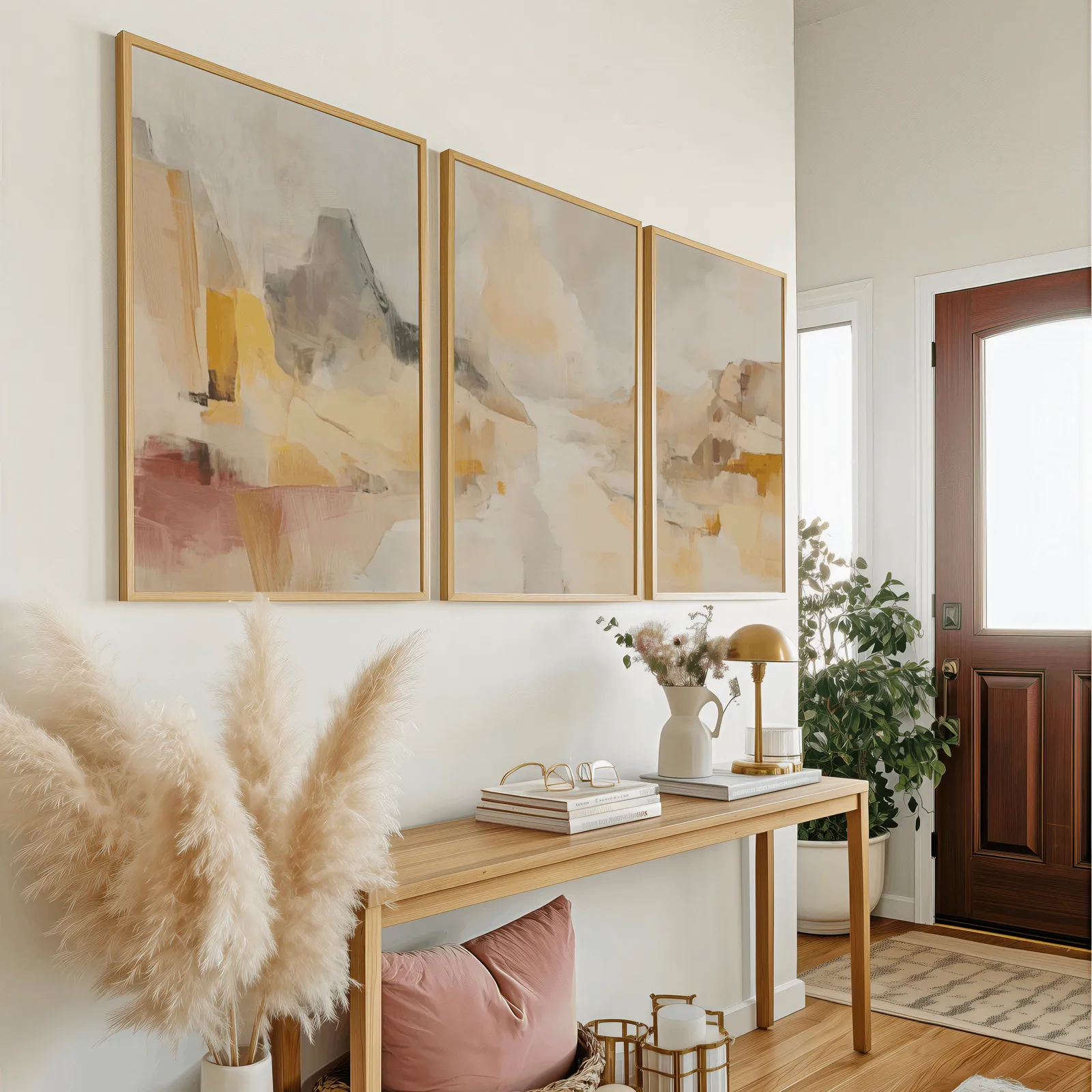 amber abstract landscape triptych wall art, above a wooden console table near the entry door