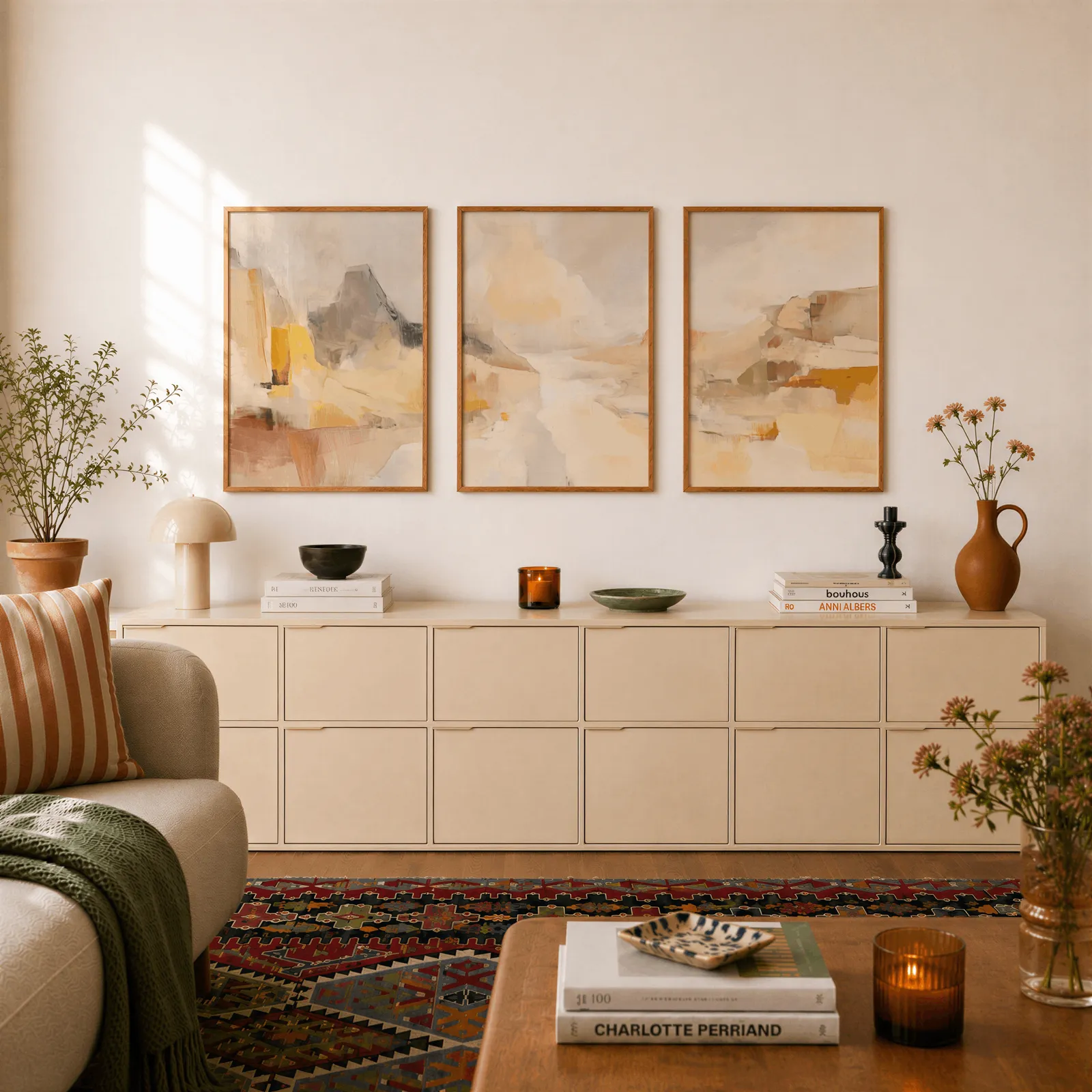amber abstract landscape triptych wall art, above a long cream sideboard topped with books and a terracotta jug