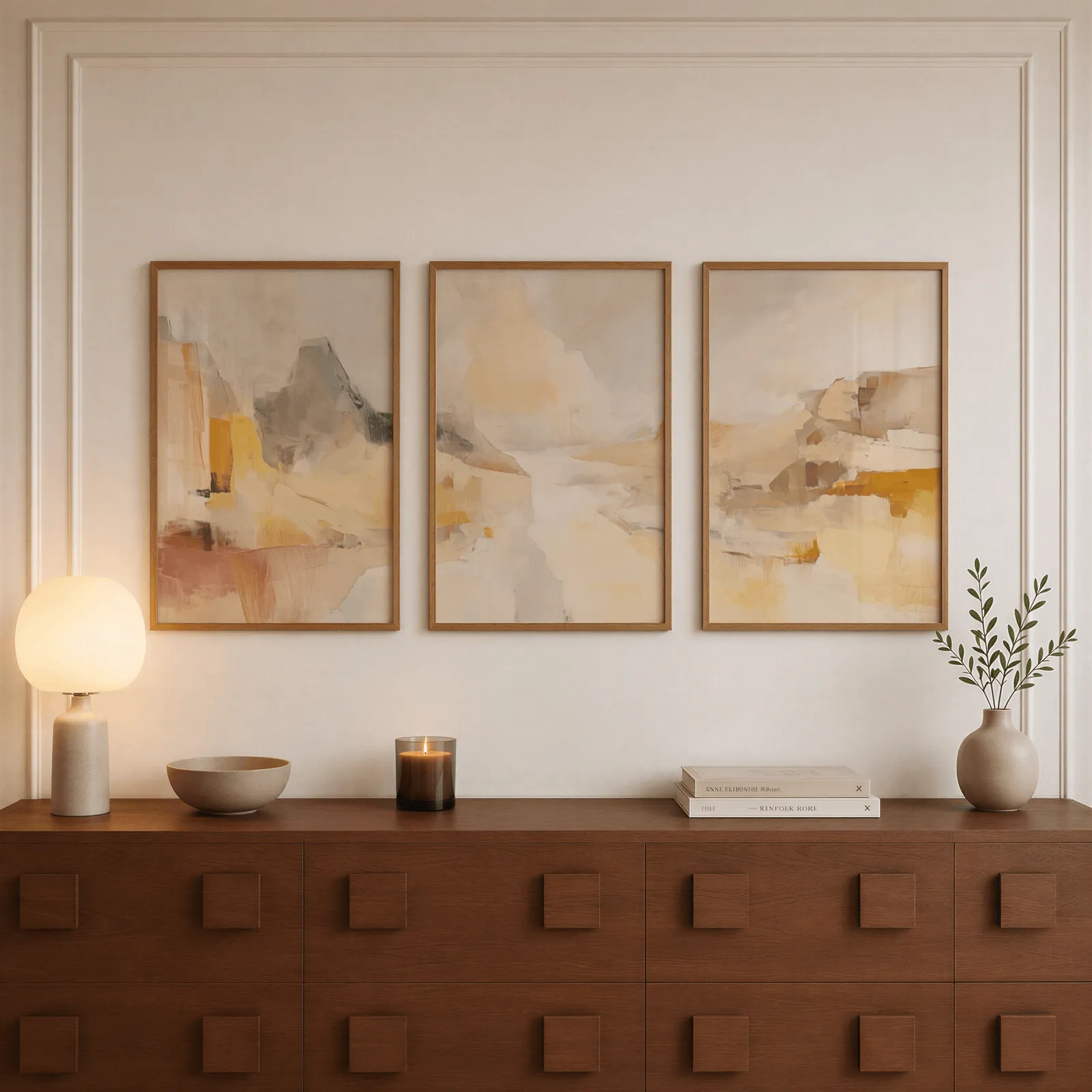 amber abstract landscape triptych wall art, above a walnut sideboard with a lit candle and glowing lamp