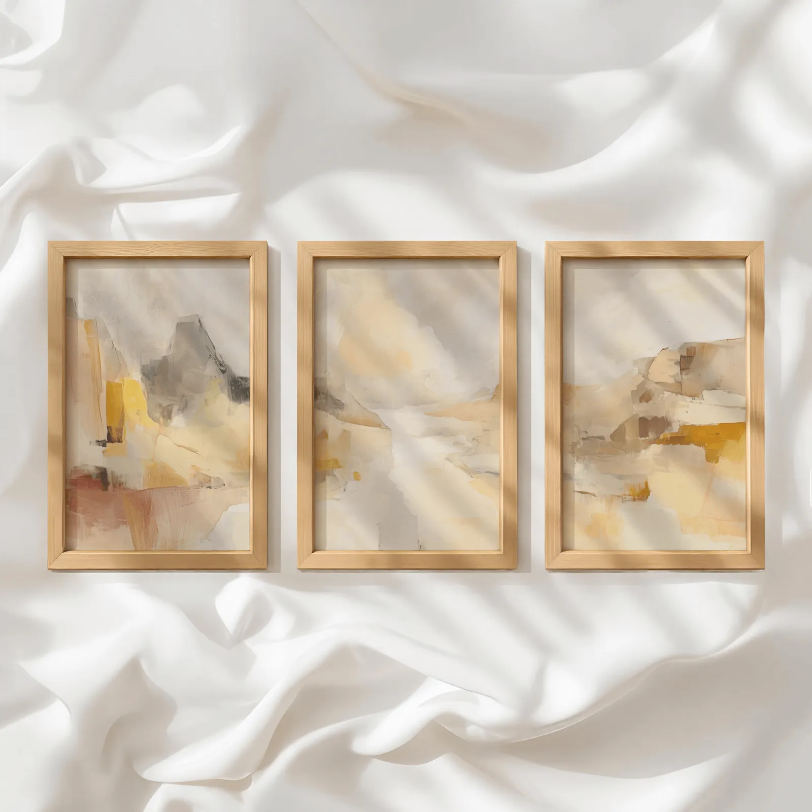 amber abstract landscape triptych wall art, in a row atop rumpled white silky fabric