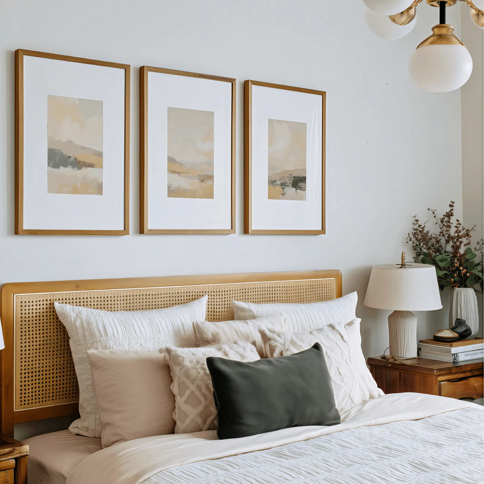 beige abstract landscape triptych wall art, above a rattan headboard piled with pillows