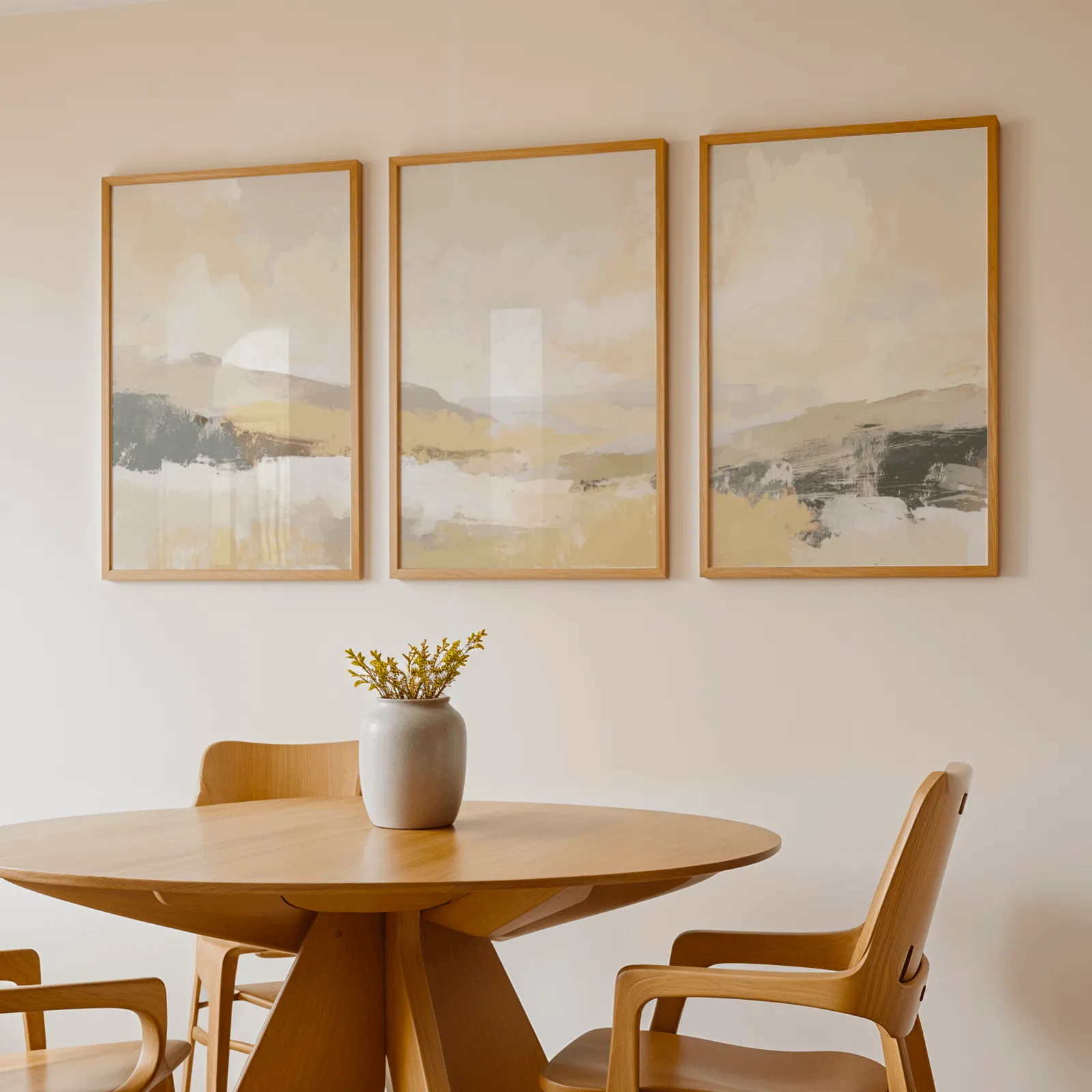 beige abstract landscape triptych wall art, above a round wooden table with a stoneware vase