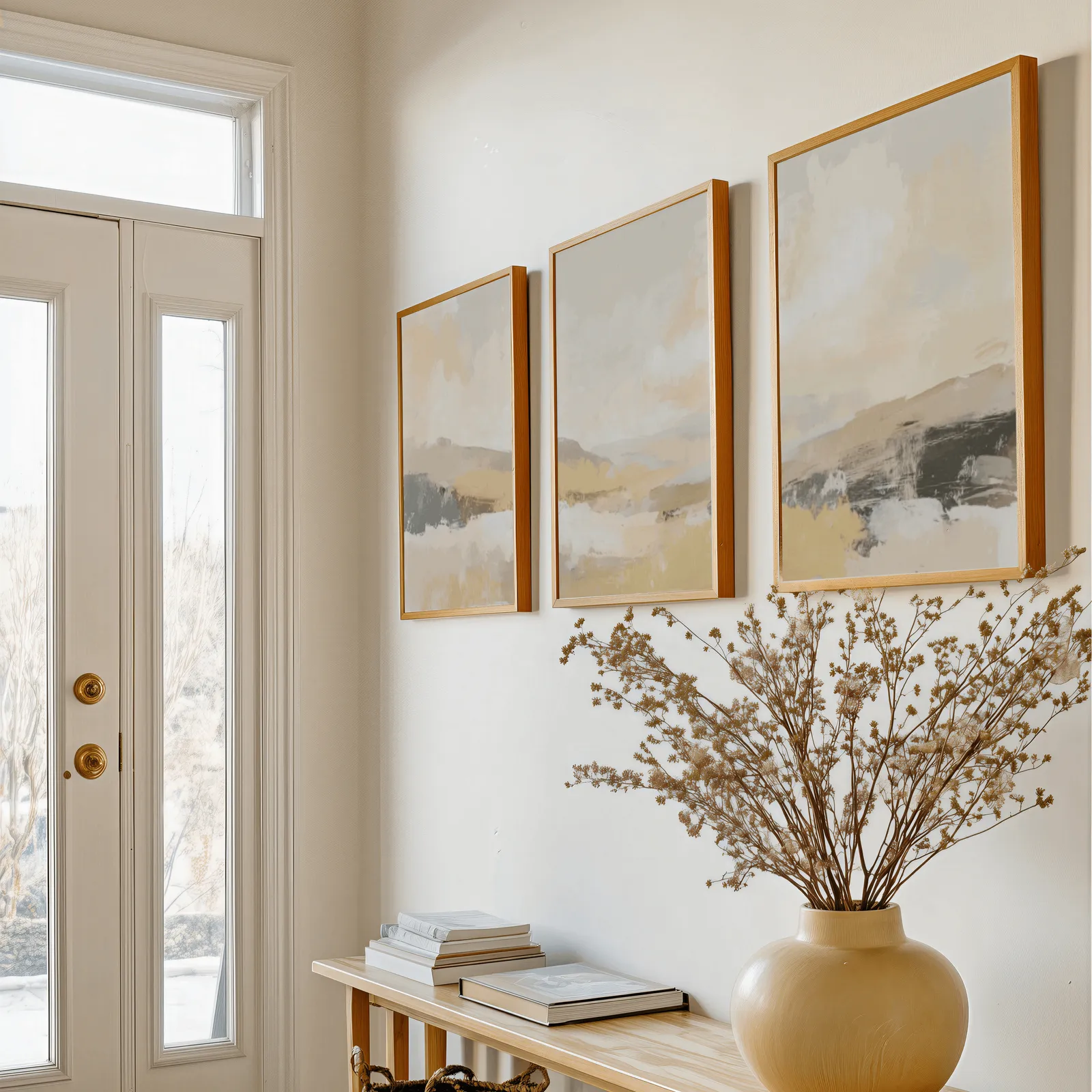 beige abstract landscape triptych wall art, above a console table with a yellow vase of dried branches