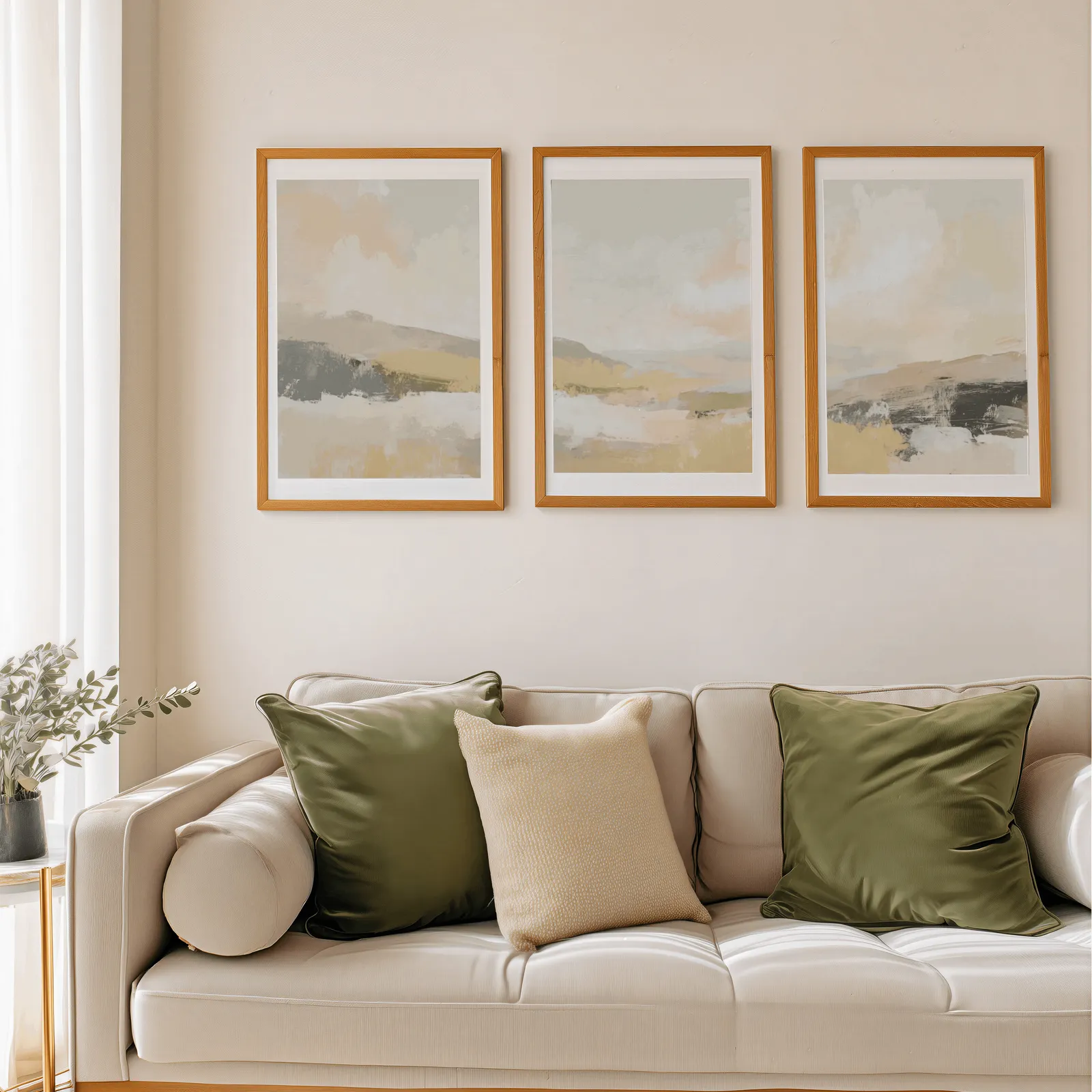 beige abstract landscape triptych wall art, above a beige sofa piled with olive green cushions