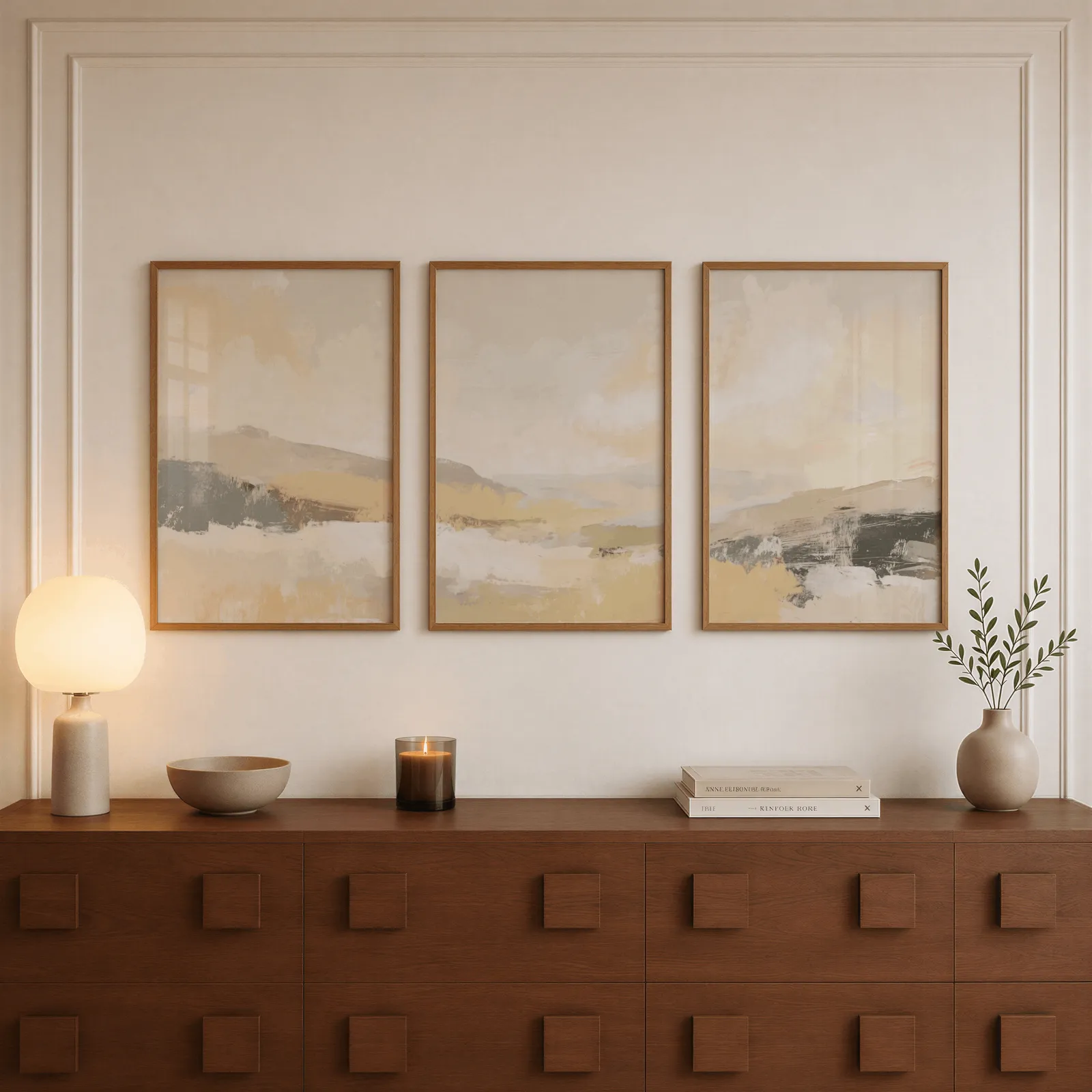 beige abstract landscape triptych wall art, above a walnut sideboard with a lit candle and glowing lamp