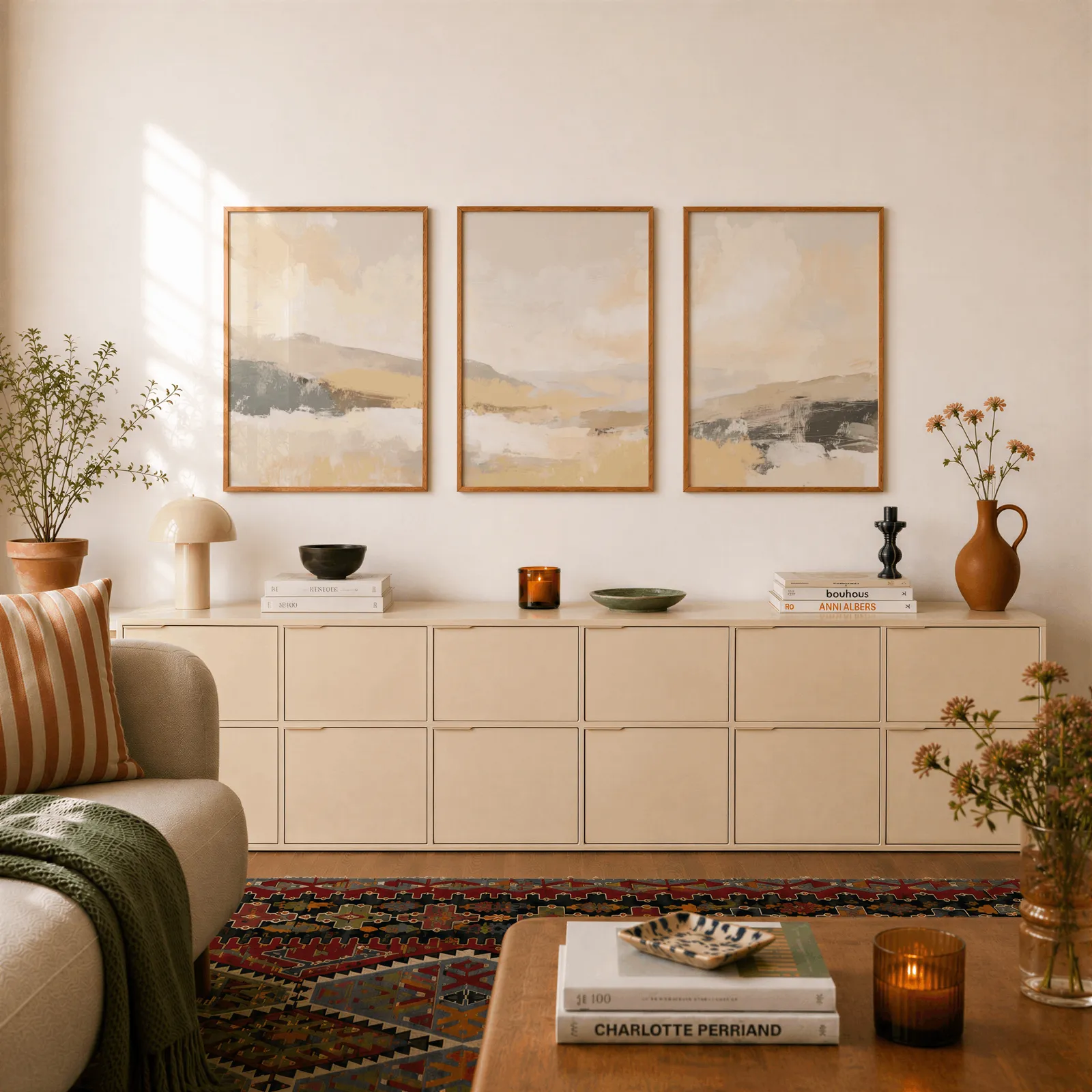 beige abstract landscape triptych wall art, above a long cream sideboard topped with books and a terracotta jug