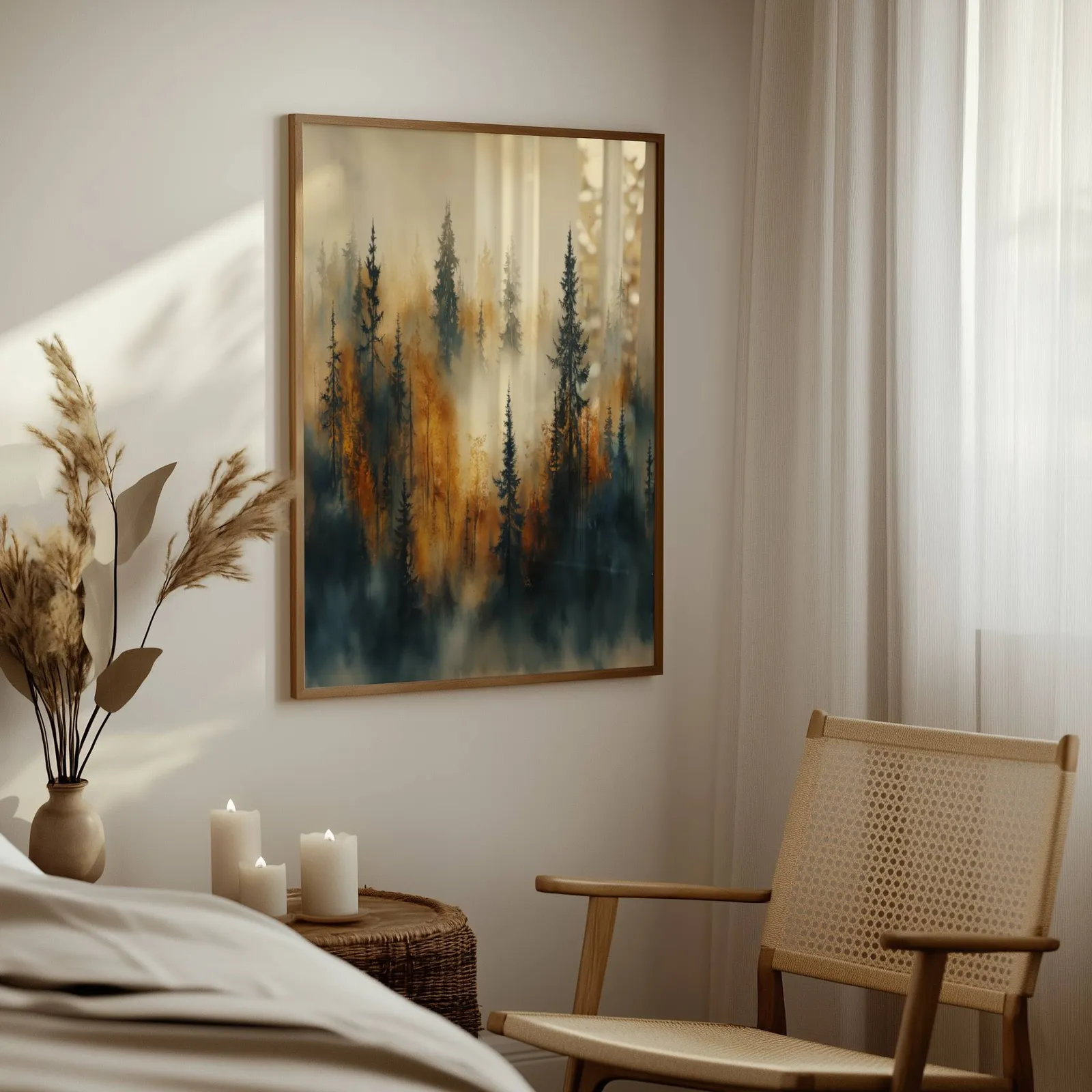 misty forest wall art in blue and amber, above a woven side table with lit candles and pampas grass