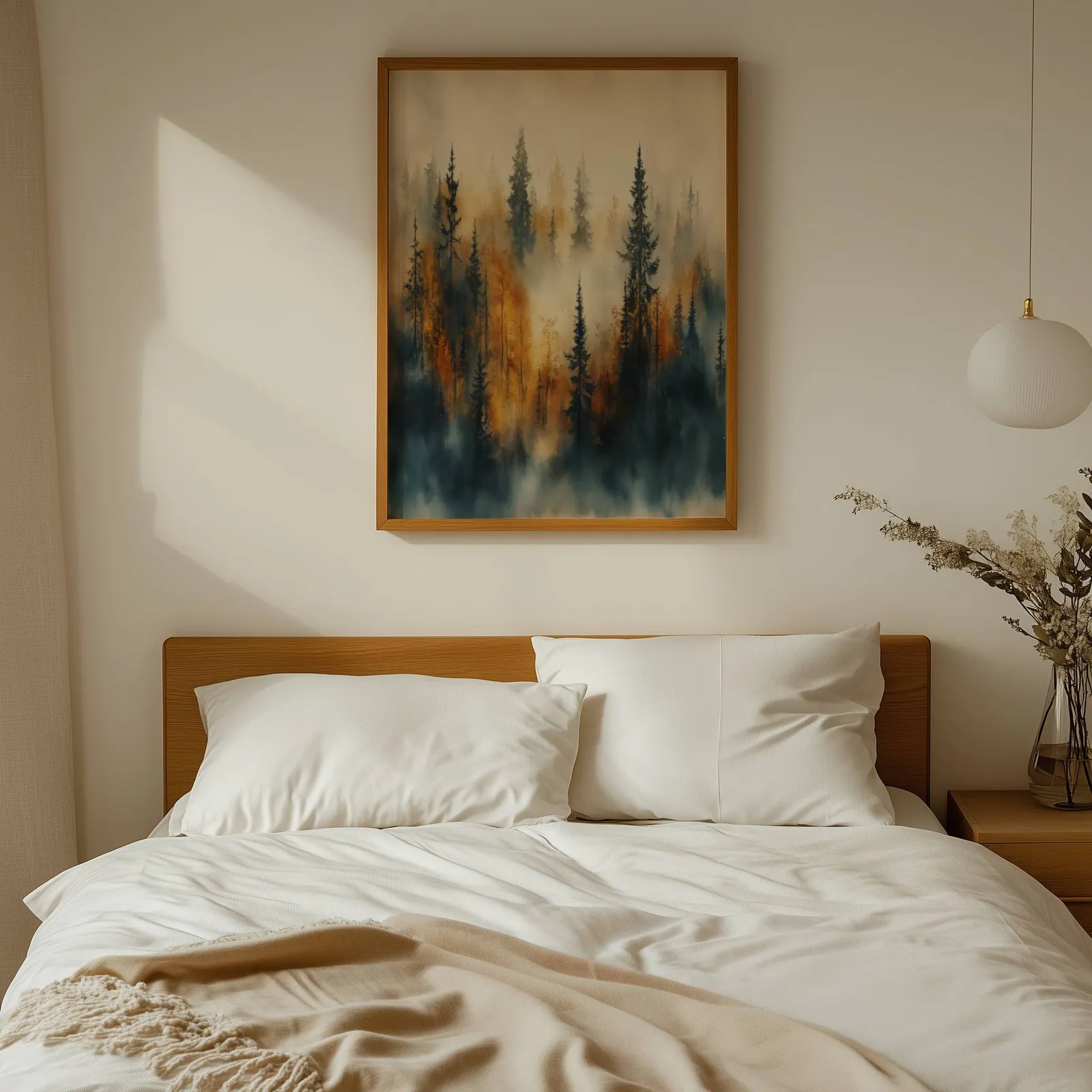misty forest wall art in blue and amber, above a wooden headboard with white linen pillows