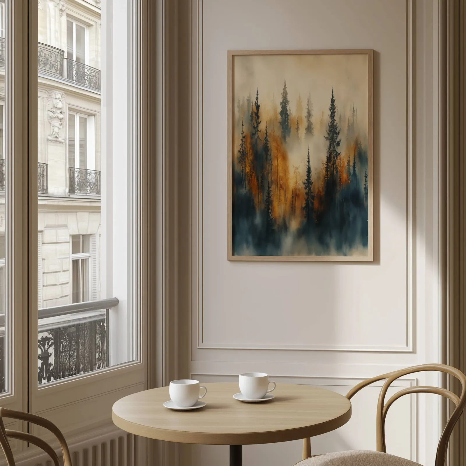 misty forest wall art in blue and amber, above a round café table set with two coffee cups