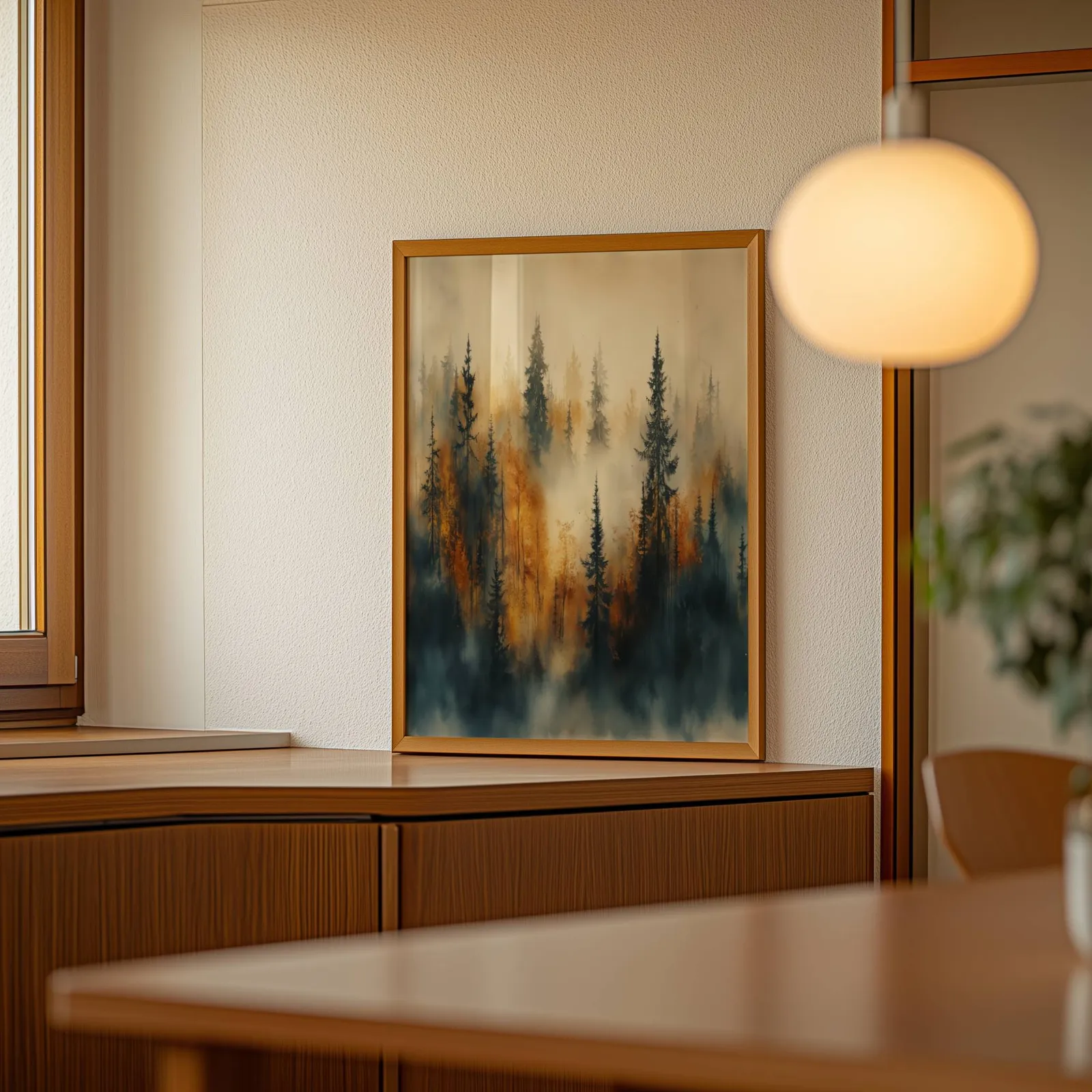 misty forest wall art in blue and amber, leaning on a wooden sideboard beside a glowing globe pendant