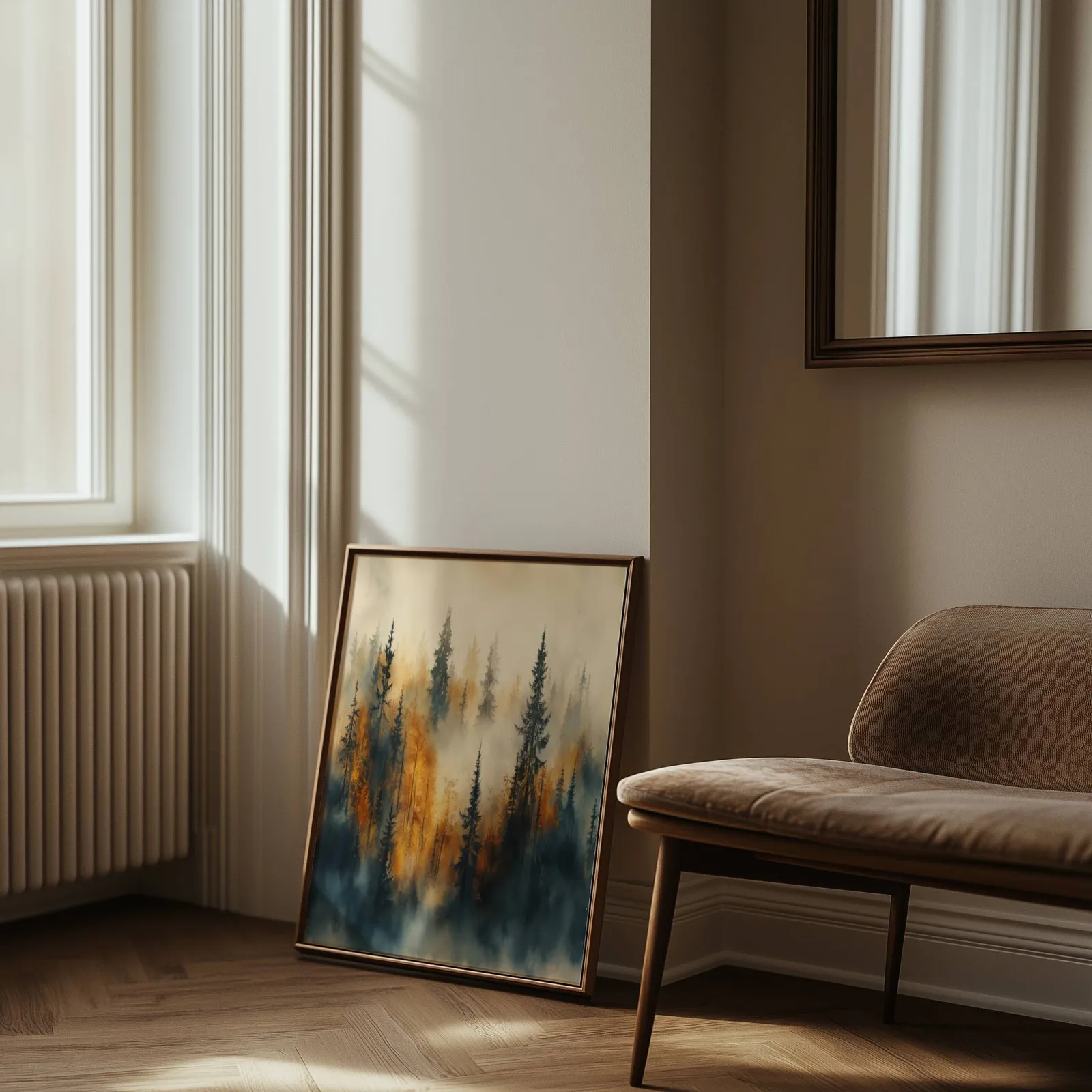 misty forest wall art in blue and amber, leaning against the wall beside a sunlit radiator and herringbone floor