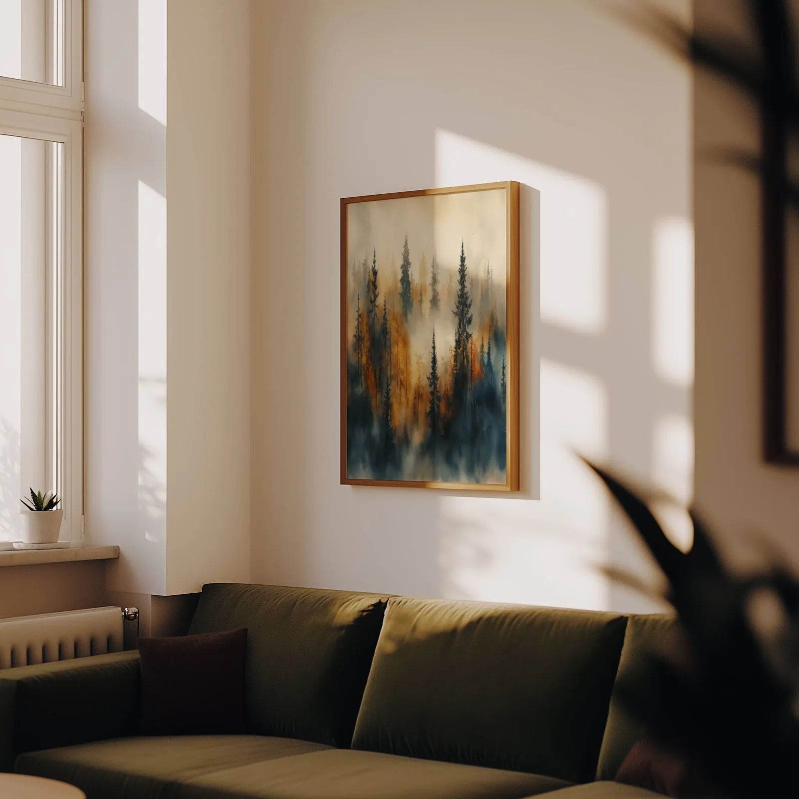 misty forest wall art in blue and amber, above an olive velvet sofa in raking afternoon light