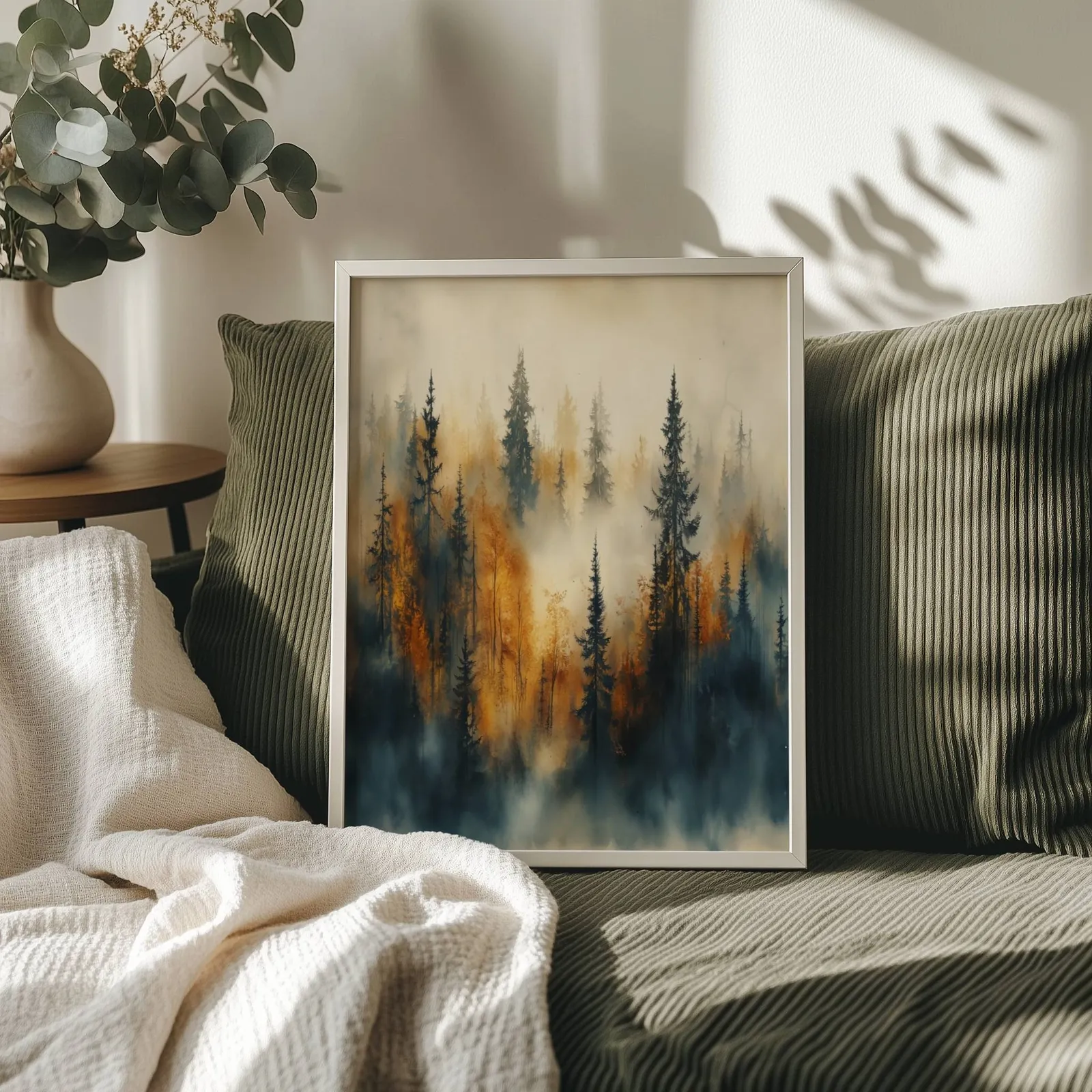misty forest wall art in blue and amber, propped on an olive corduroy sofa beside a eucalyptus vase