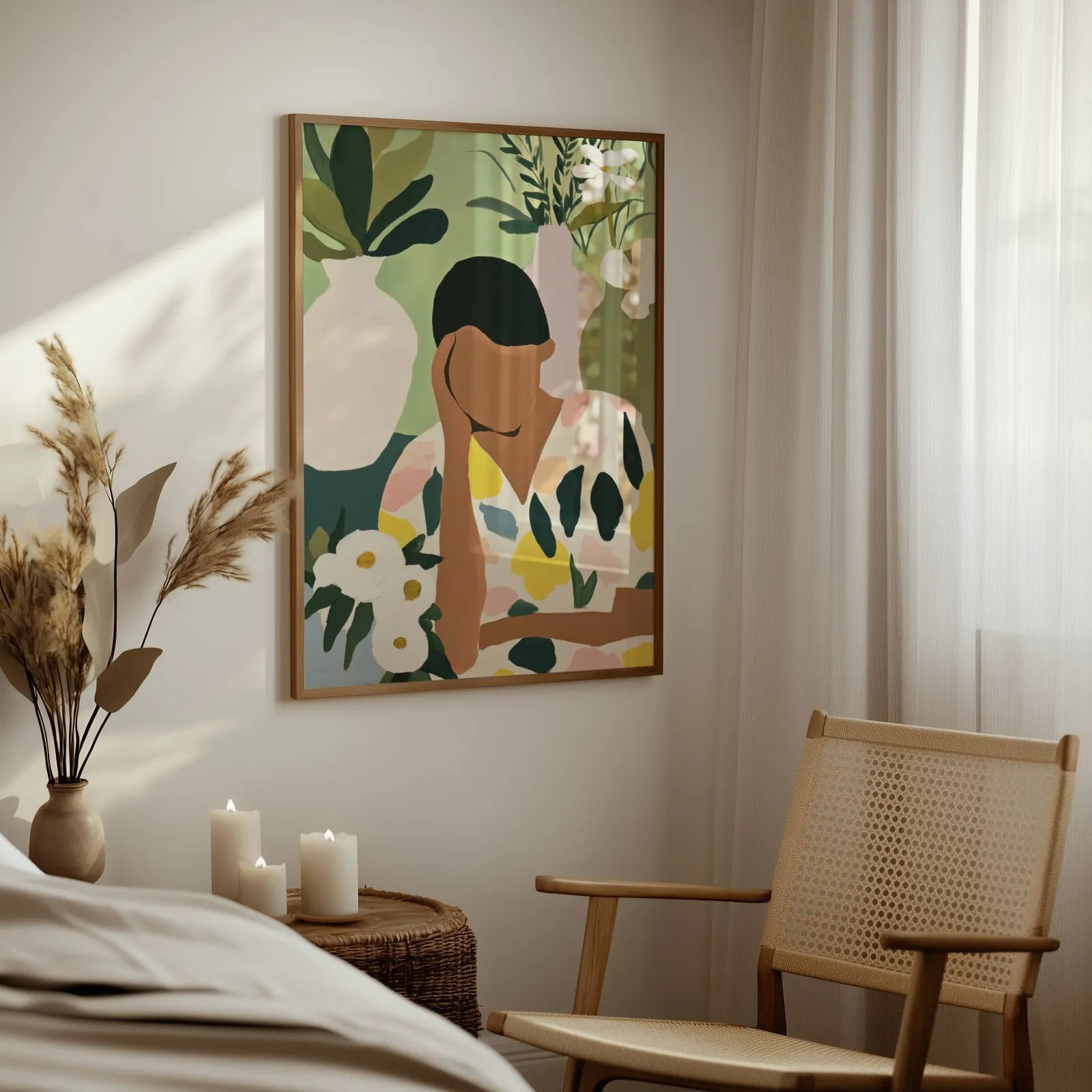 botanical woman wall art in green and cream, above a woven side table with lit candles and pampas grass
