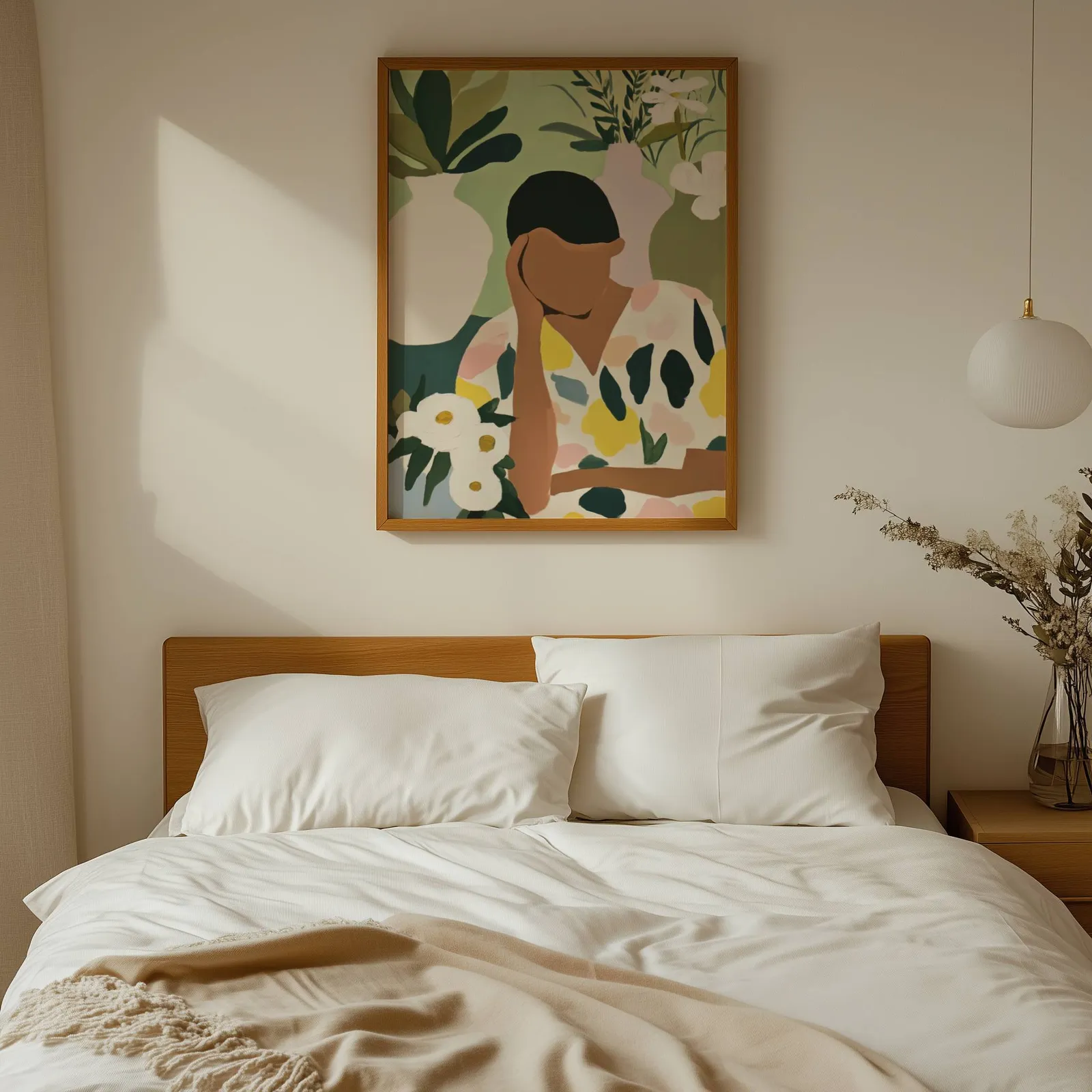 botanical woman wall art in green and cream, above a wooden headboard with white linen pillows