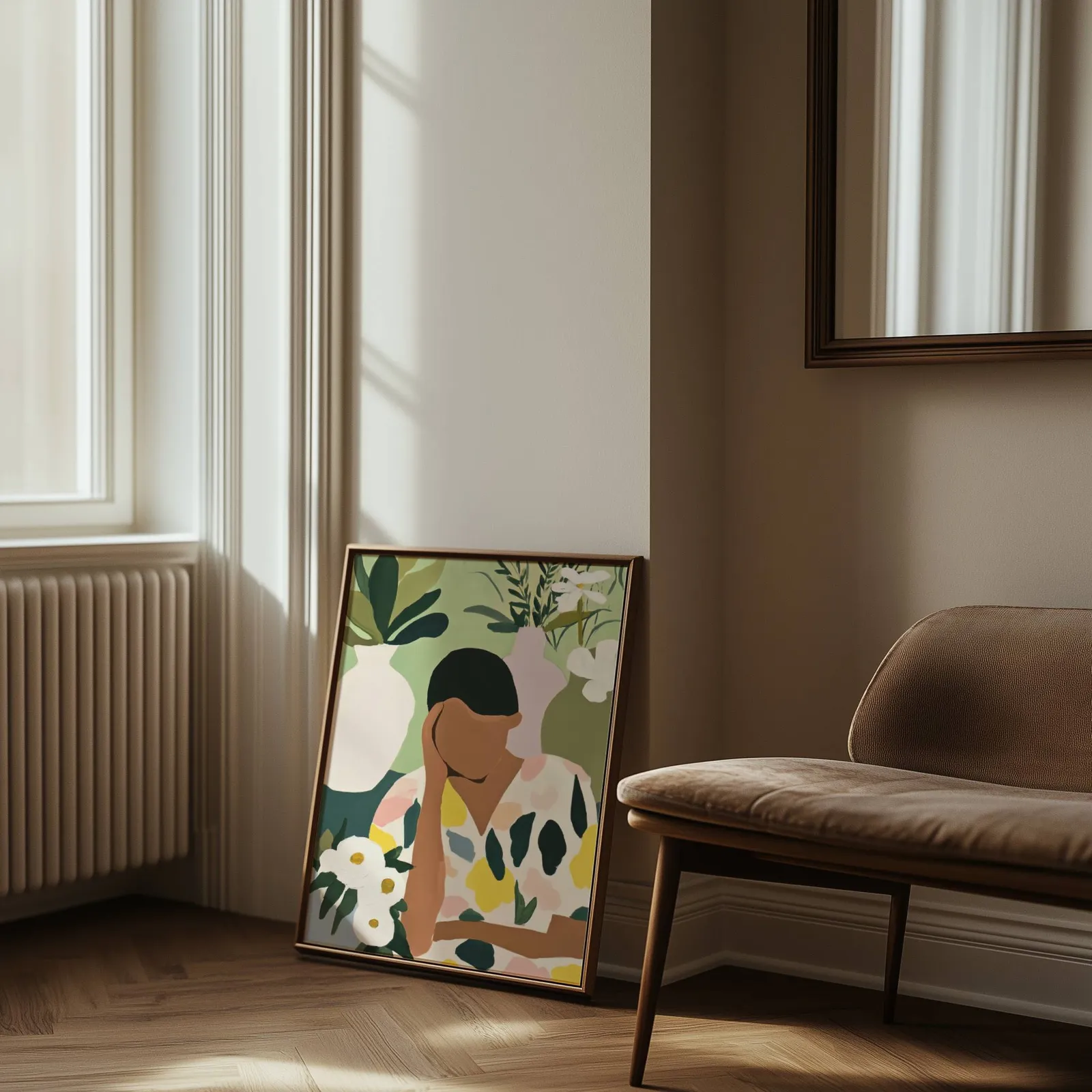 botanical woman wall art in green and cream, leaning against the wall beside a sunlit radiator and herringbone floor