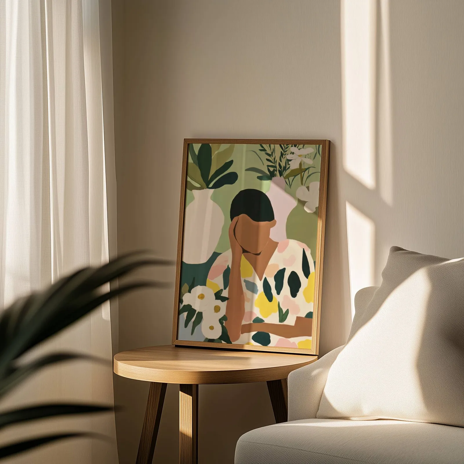 botanical woman wall art in green and cream, leaning on a round wooden side table by a sheer curtain