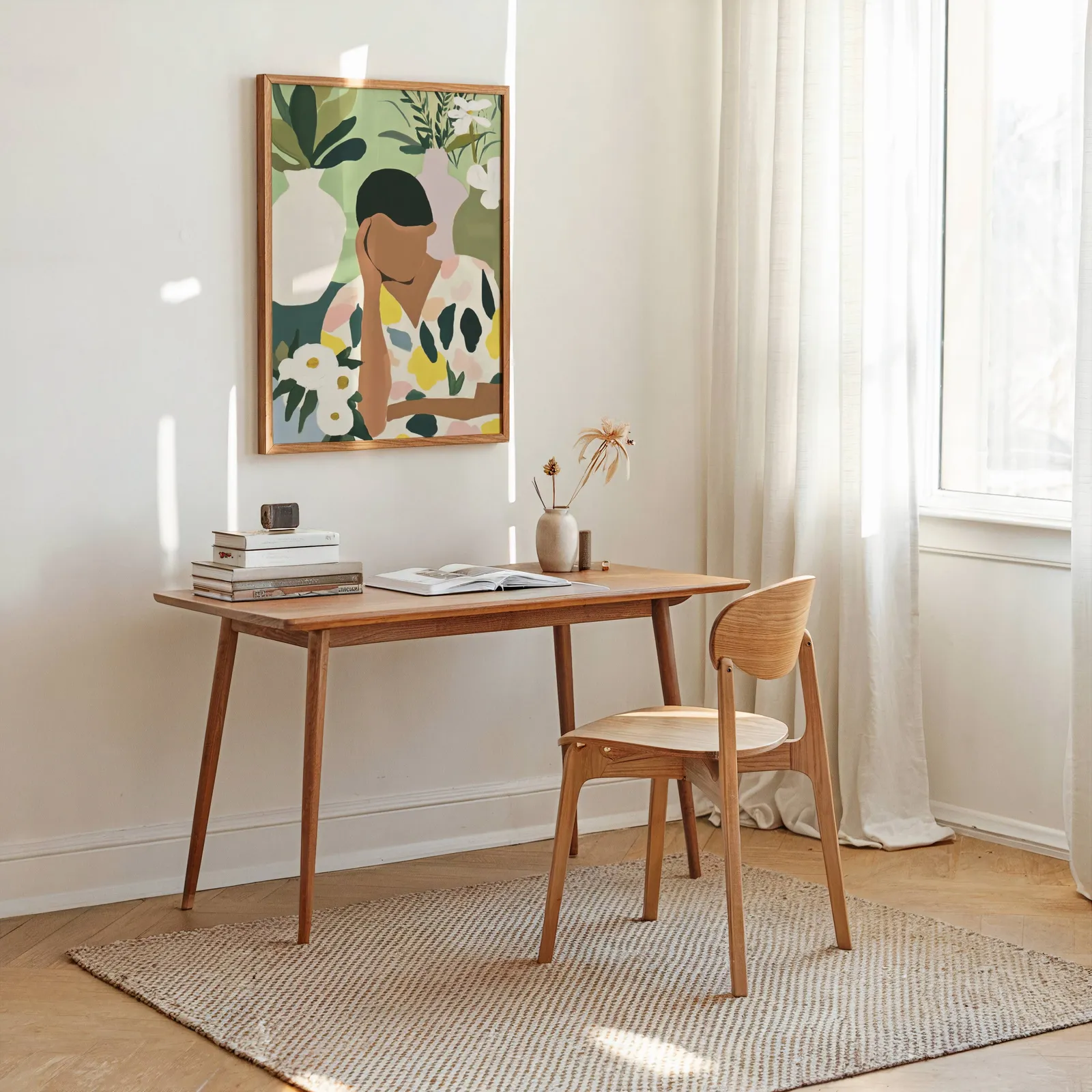 botanical woman wall art in green and cream, above a wooden desk stacked with books near a sunlit window