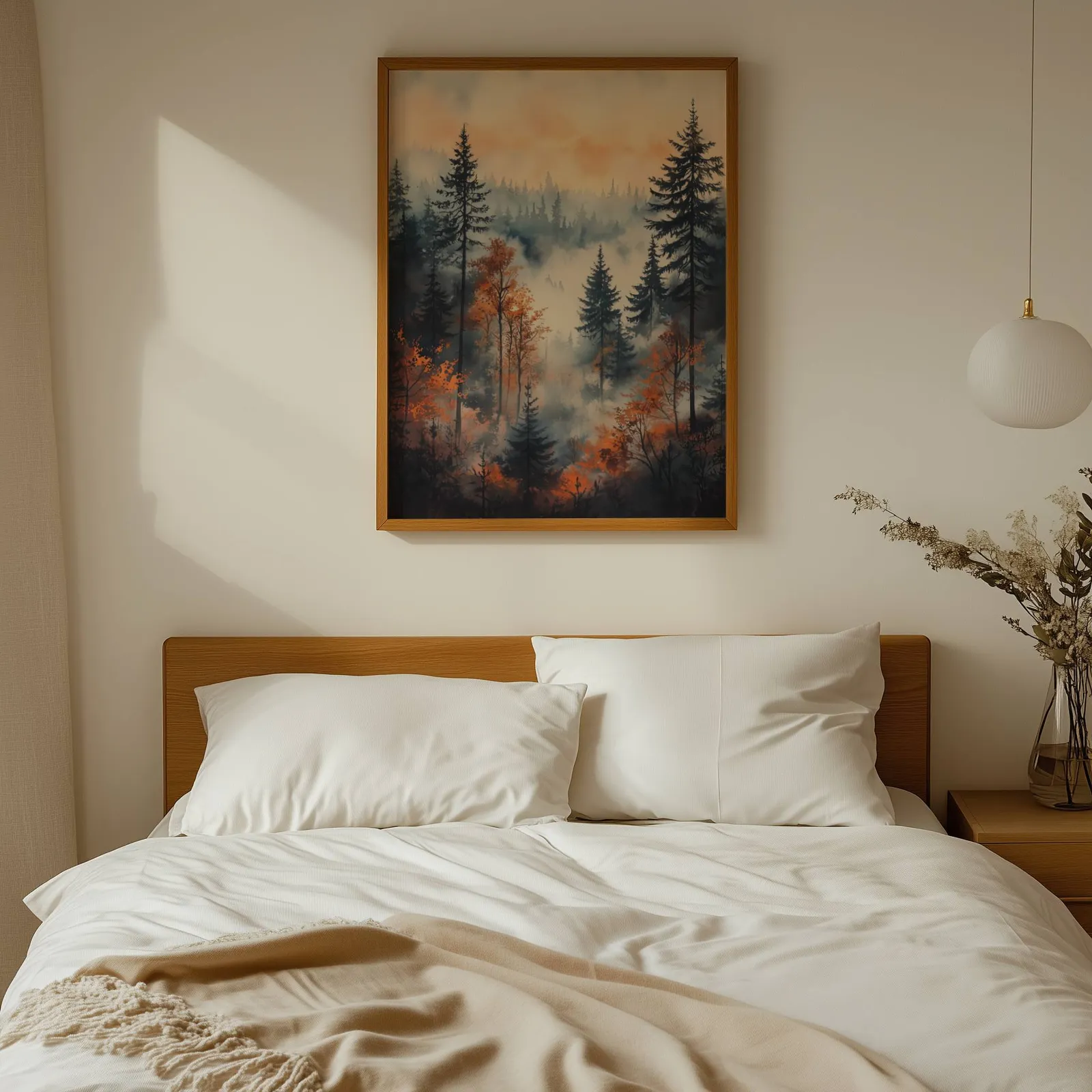moody misty forest wall art in orange and grey, above a wooden headboard with white linen pillows