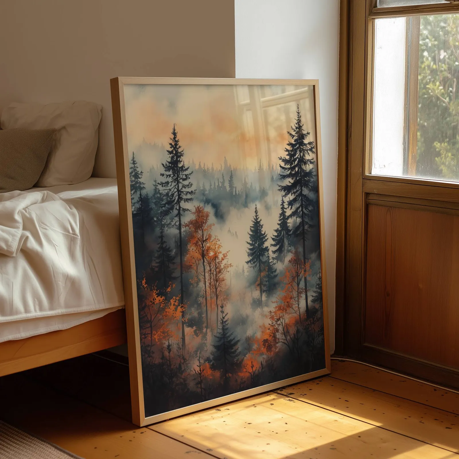 moody misty forest wall art in orange and grey, leaning by a sunlit window beside an unmade bed